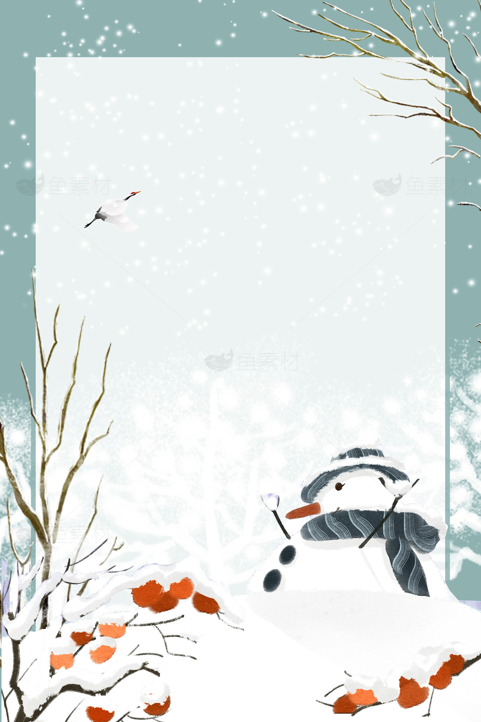 冬季雪景插画：雪人和飞鸟的宁静时光素材
