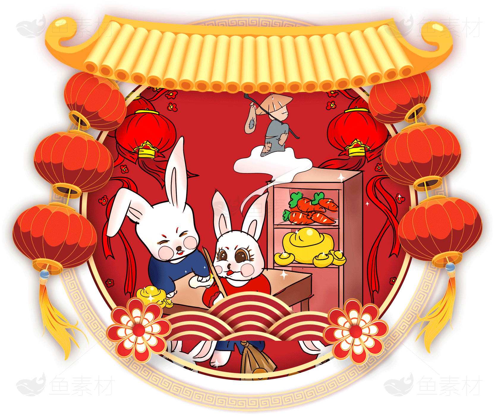 中秋节兔子灯笼插画素材