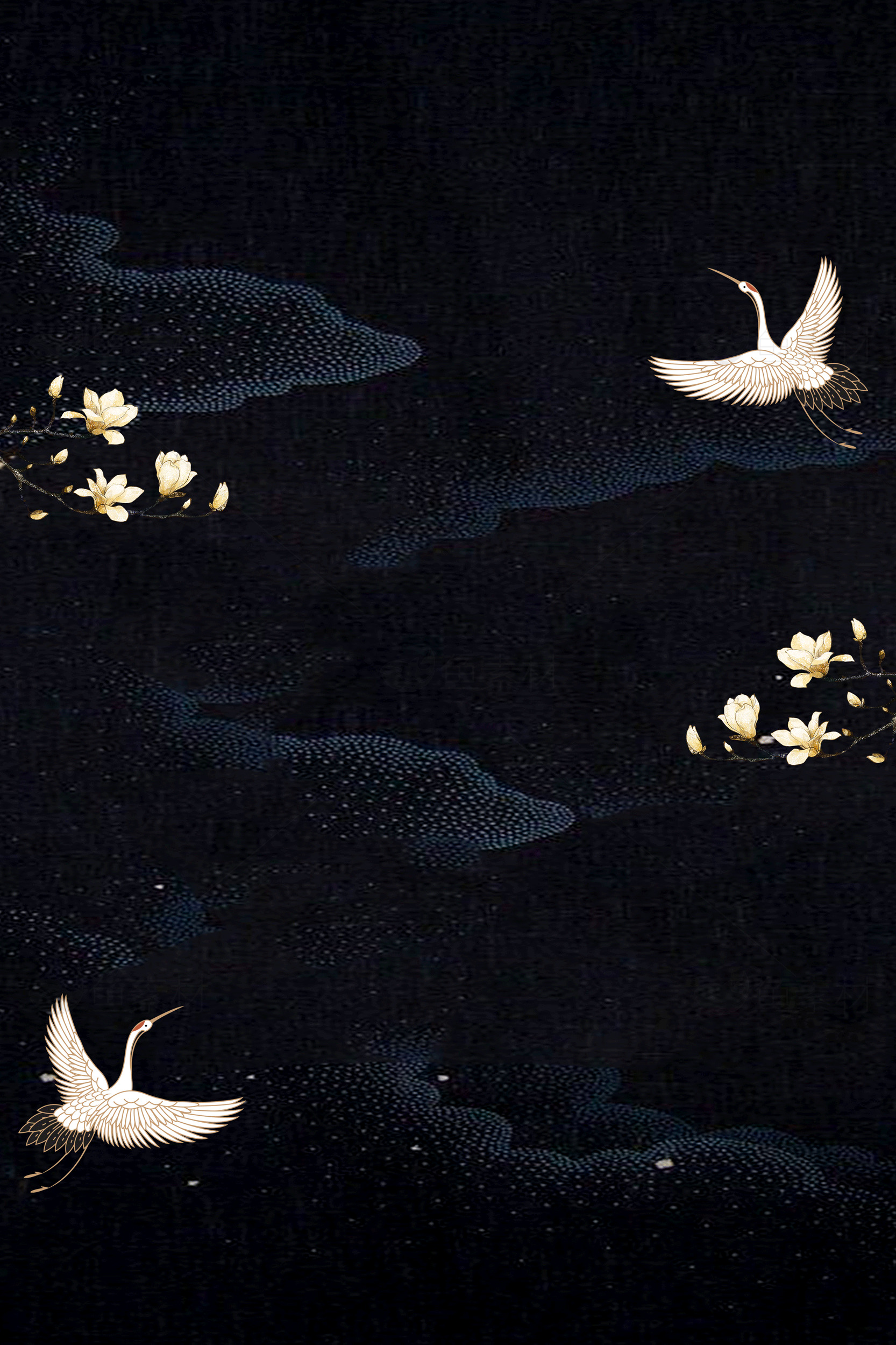 优雅的黑色背景仙鹤和花卉壁纸素材