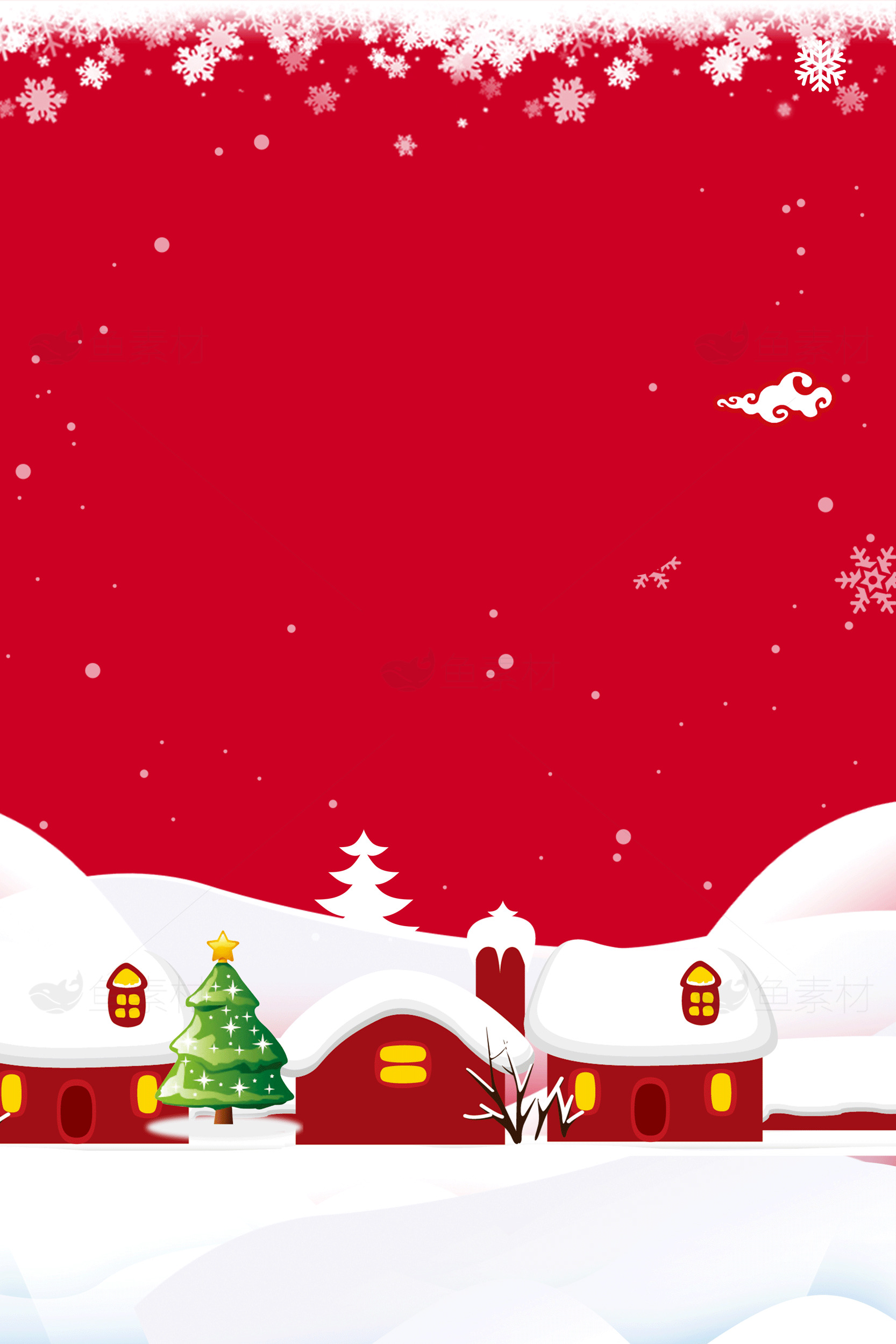 圣诞节红色背景插画：雪景与小屋素材