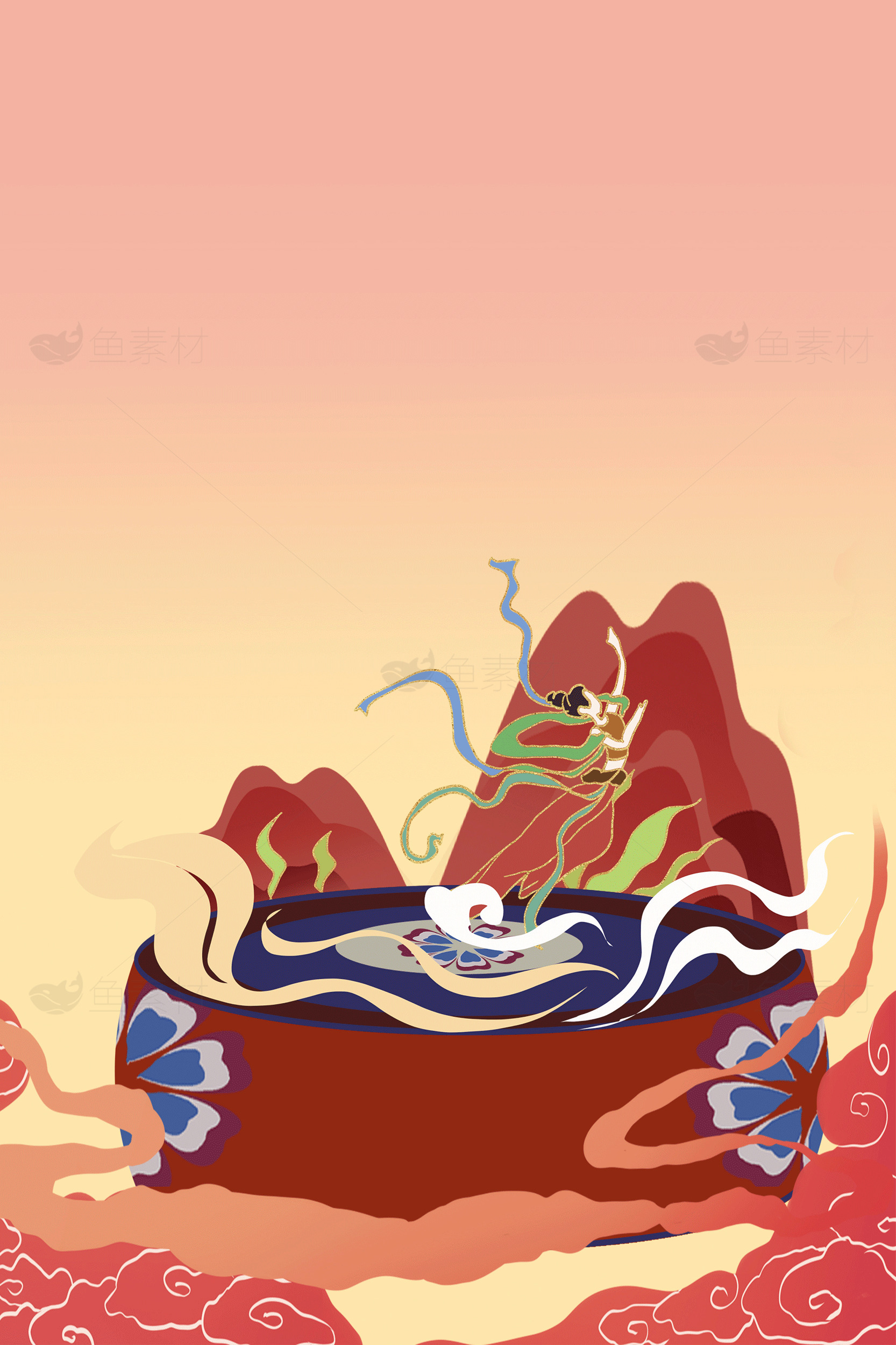 中国传统插画艺术：山水与仙鹤素材