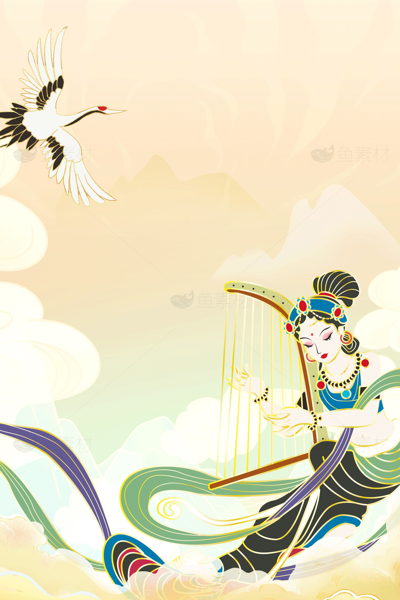 古典艺术中的飞天仙女与鹤素材
