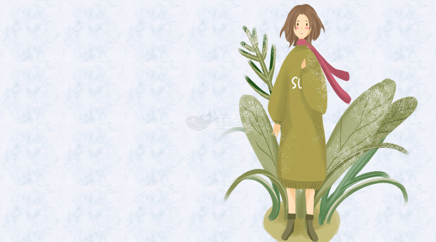 秋季时尚插画：绿色长裙与植物背景素材
