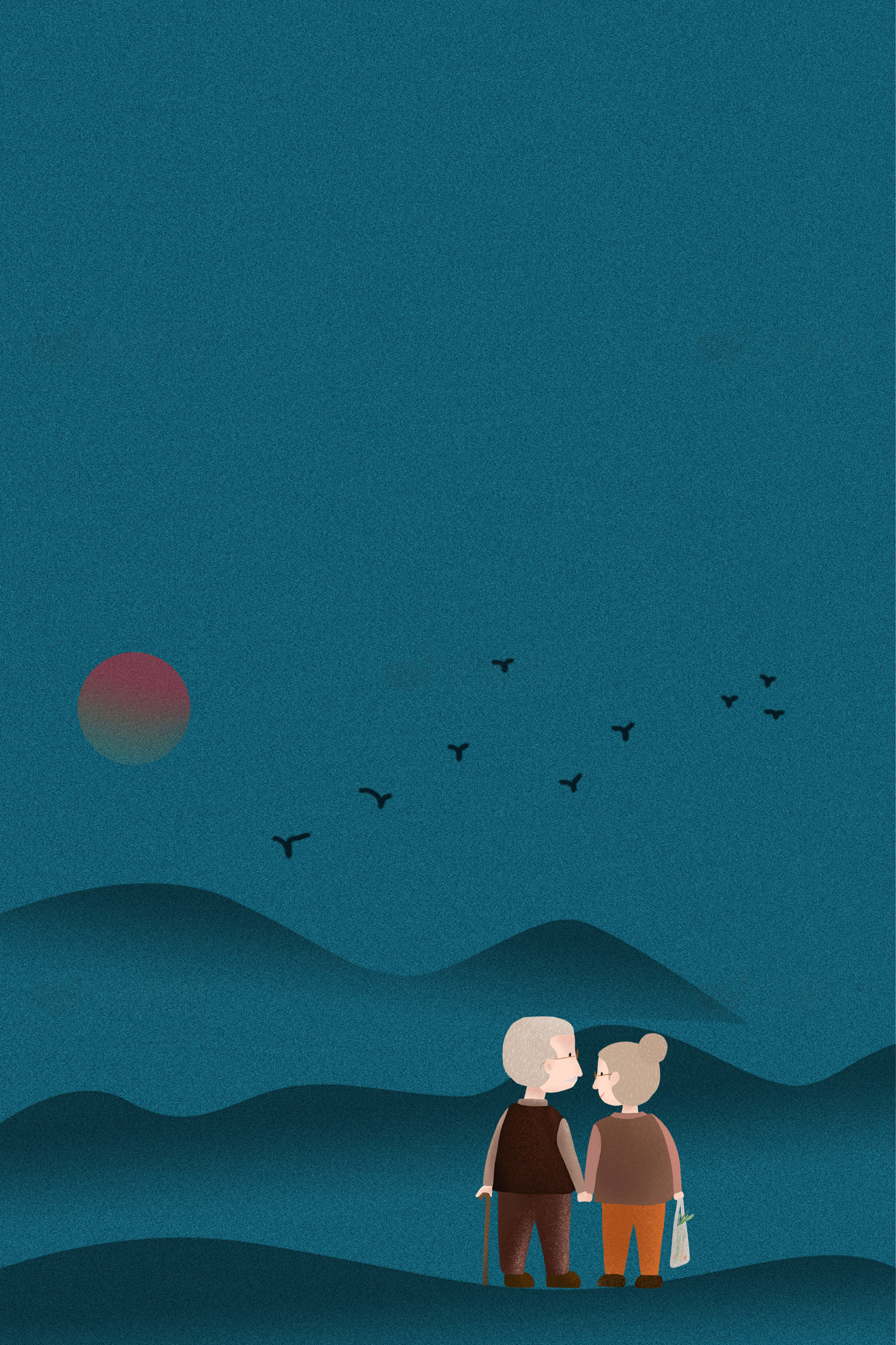 老年夫妻漫步黄昏插画背景素材