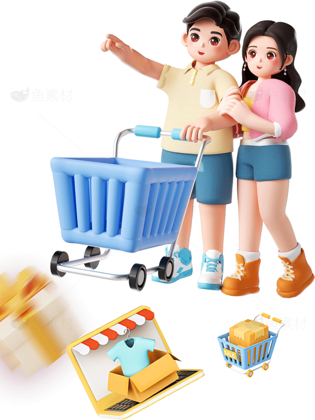 情侣购物插图：推车与网购场景素材