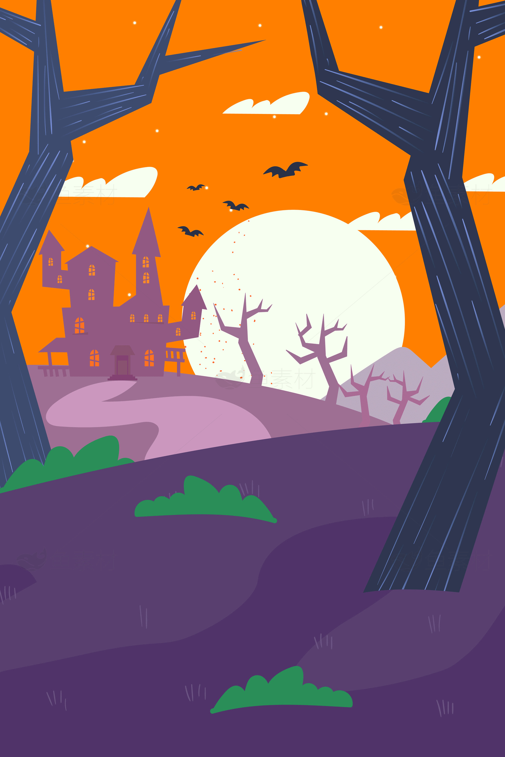 万圣节夜晚的神秘城堡插画素材