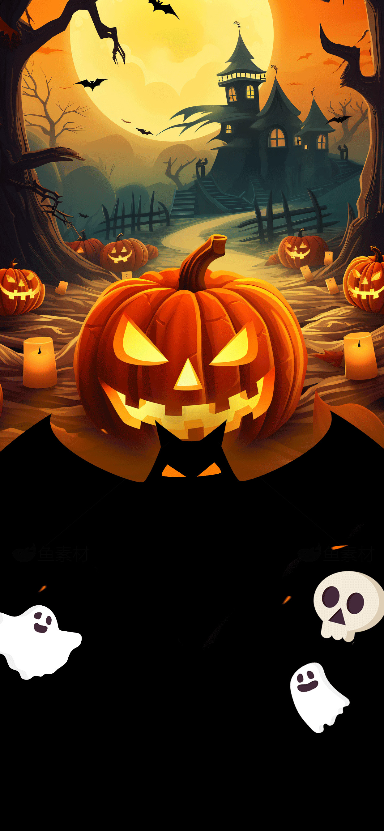 万圣节南瓜灯与鬼屋背景插画素材