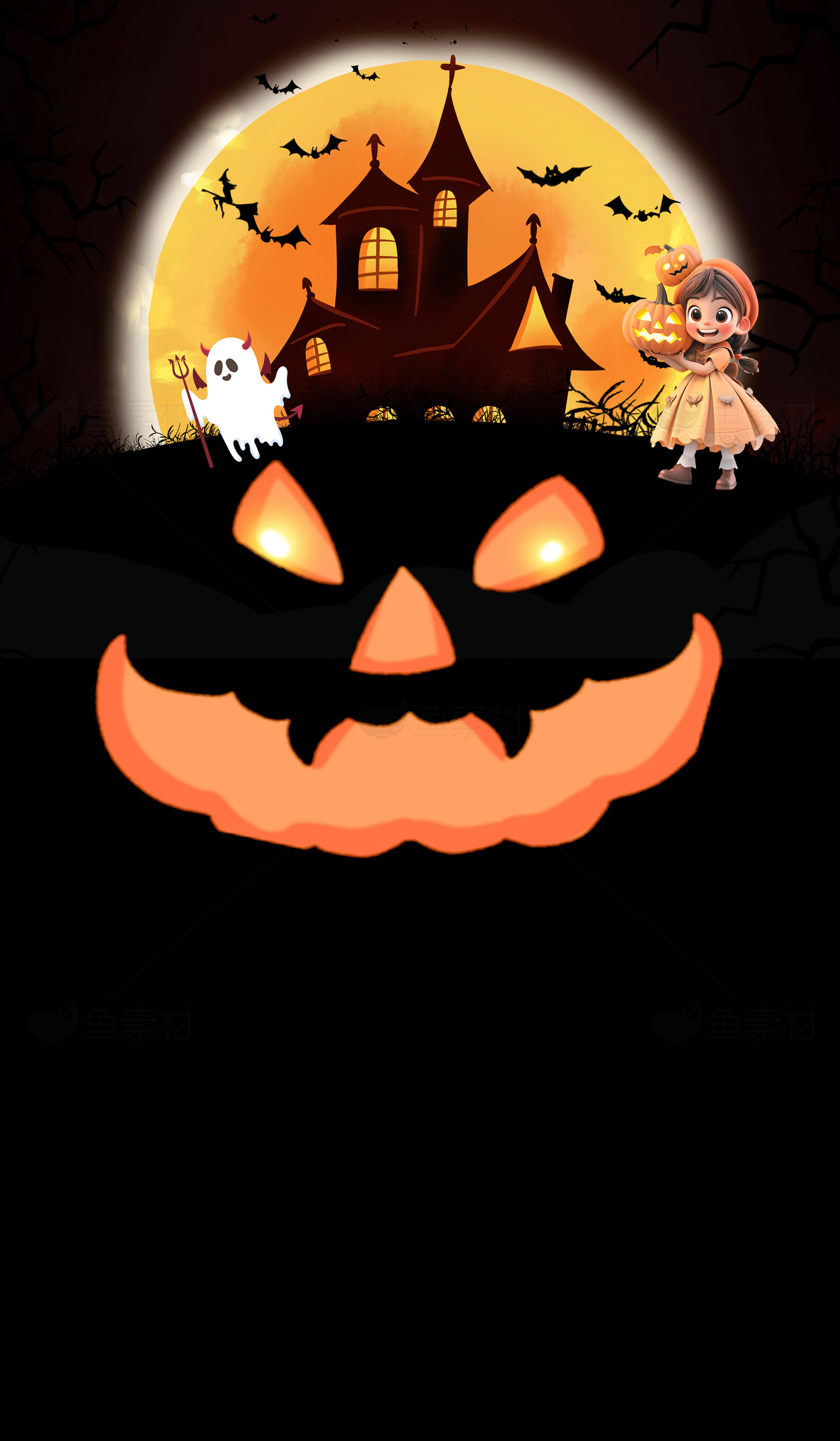 万圣节鬼屋与南瓜灯插画合集素材