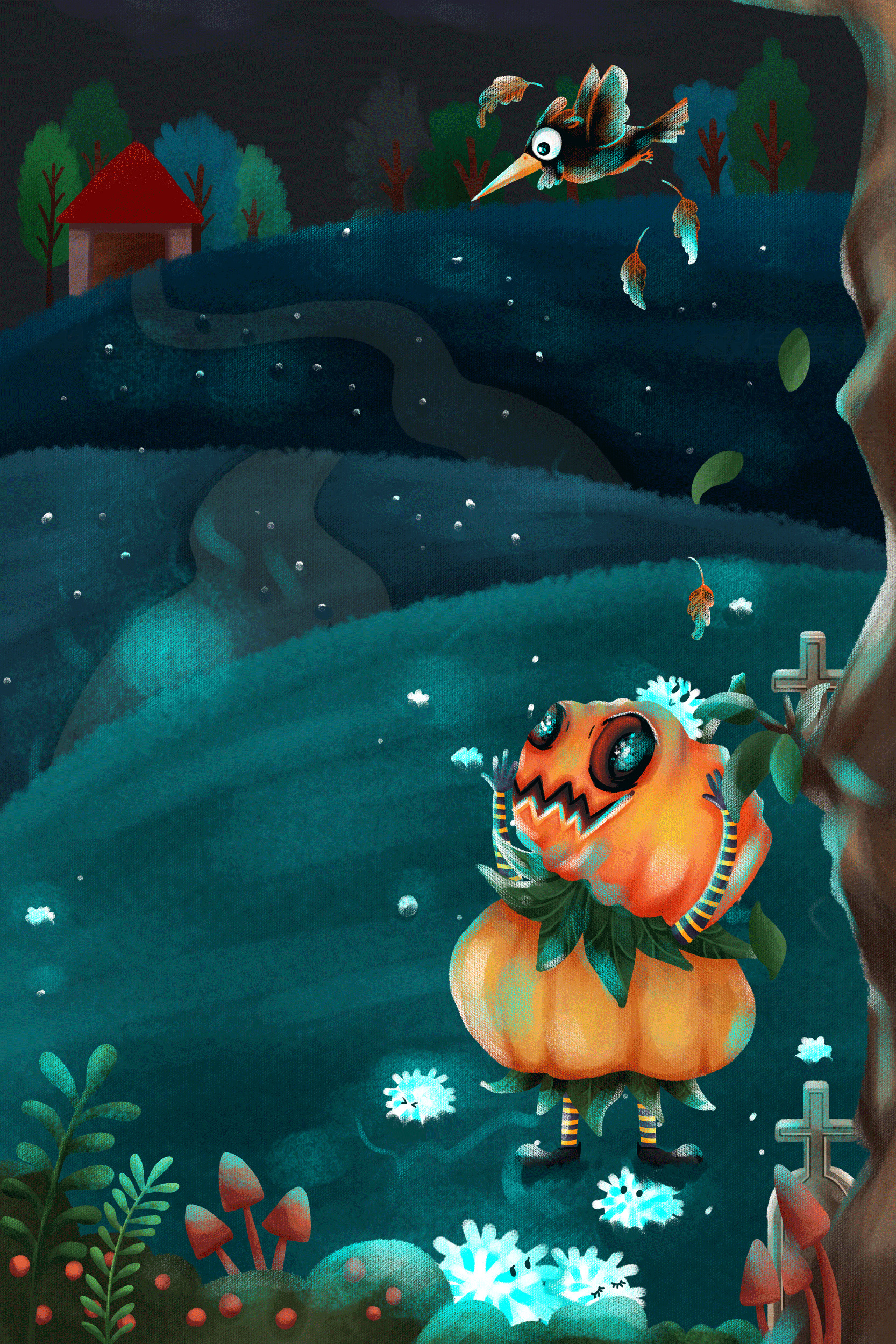 万圣节南瓜夜的奇幻插画素材