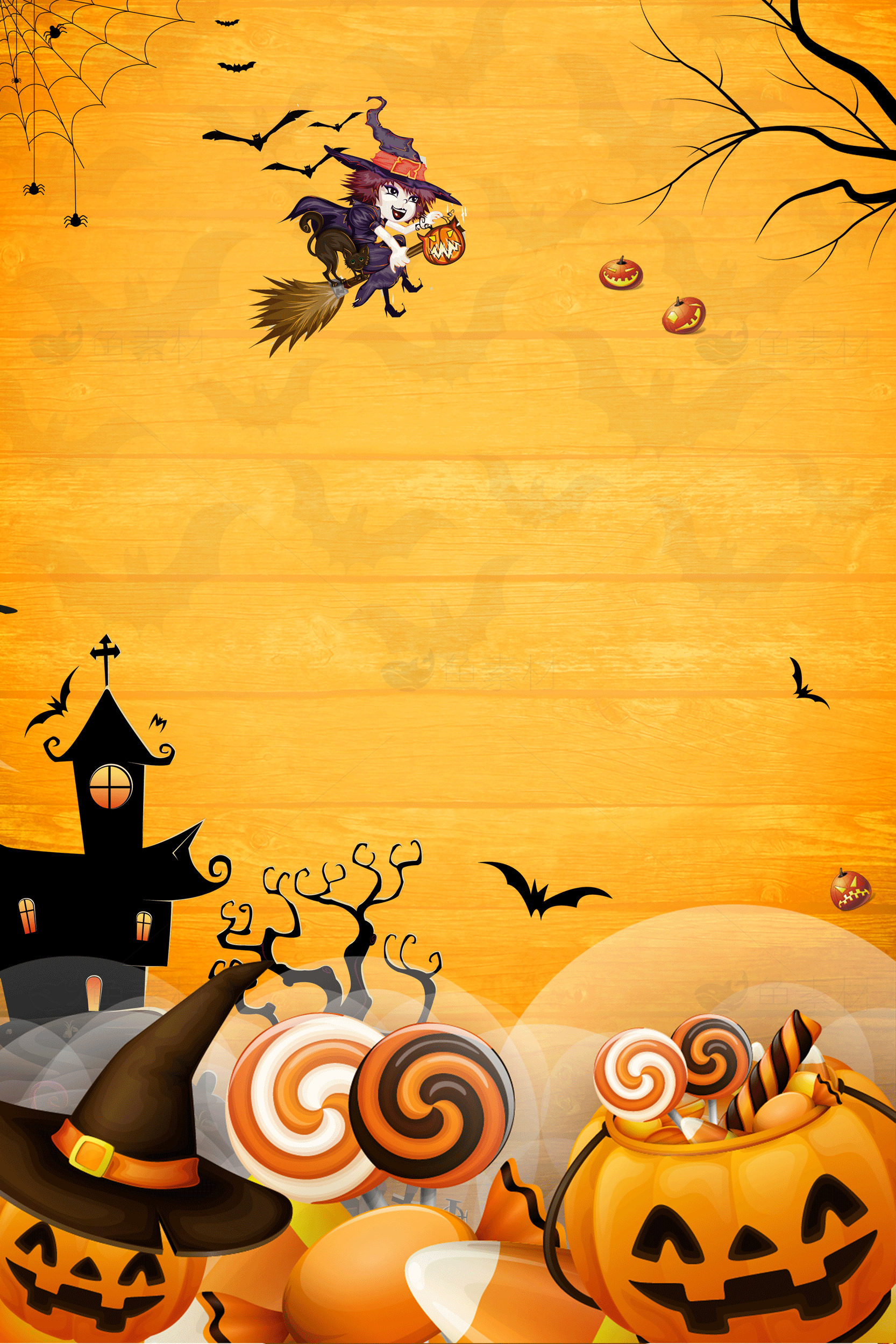 万圣节主题背景图片：女巫与南瓜装饰素材