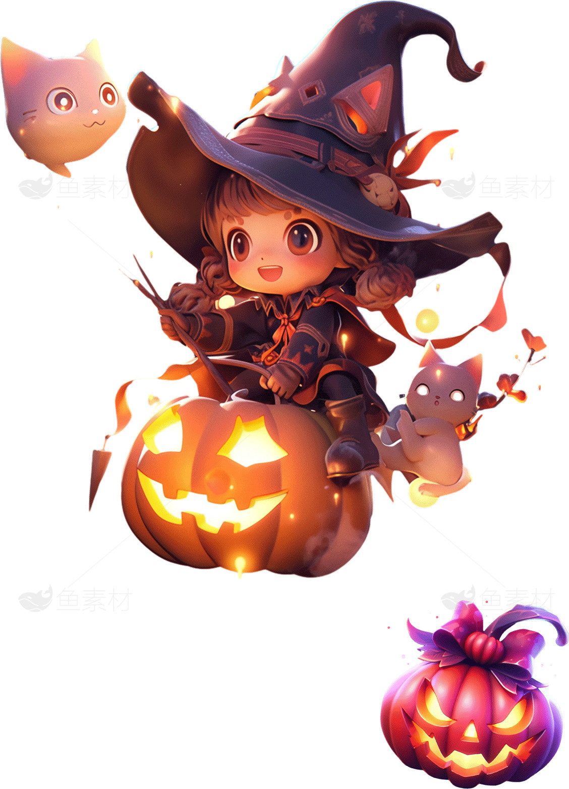 可爱女巫与南瓜灯的万圣节插画素材