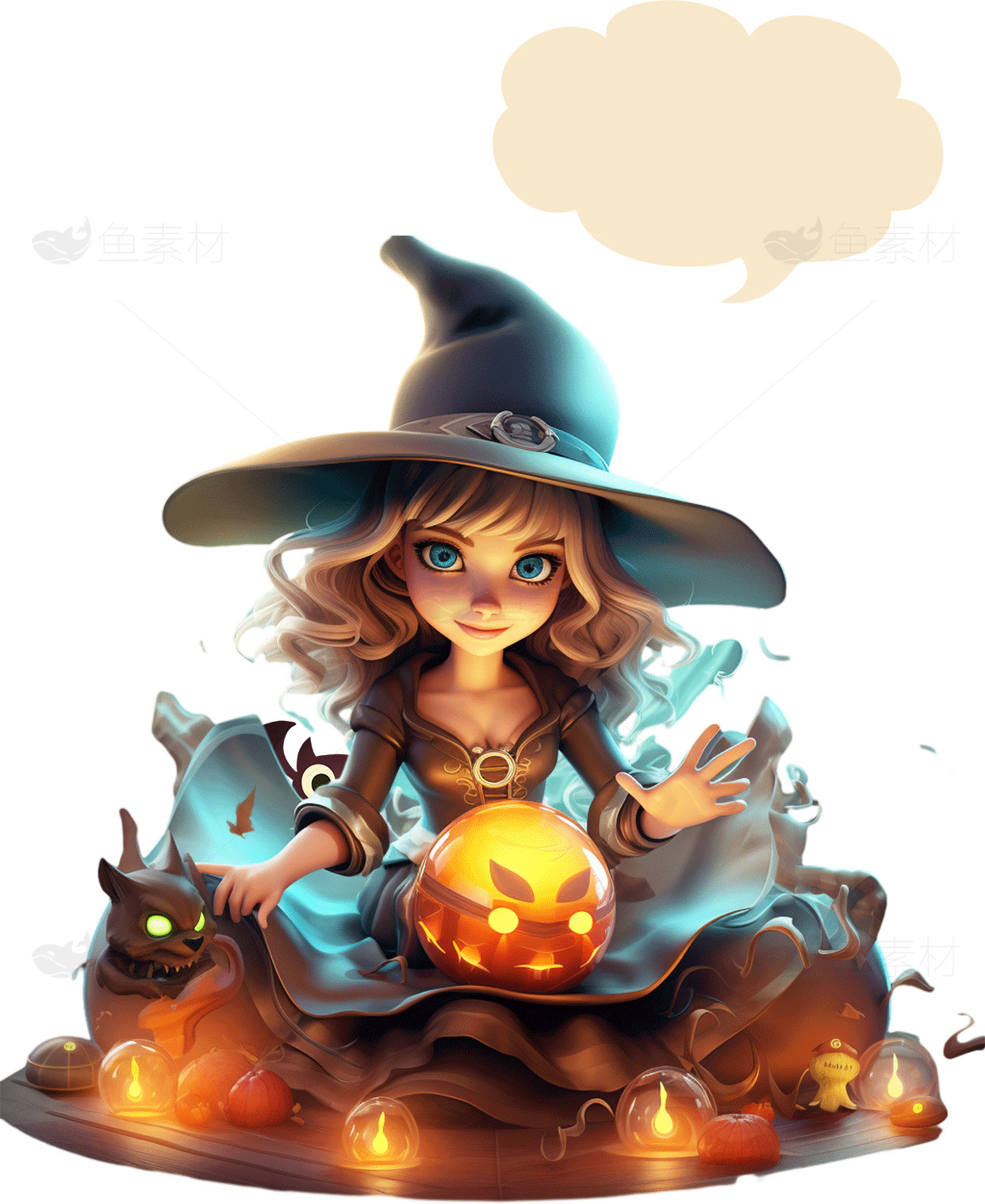 万圣节插画：萌趣女巫与南瓜灯素材