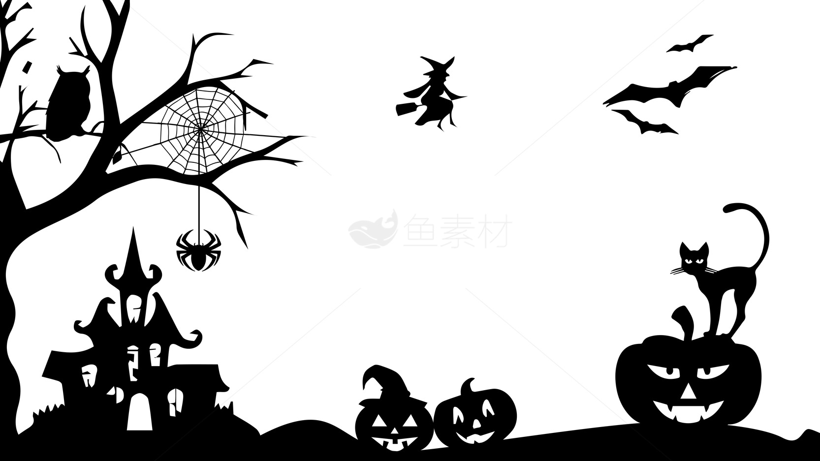 万圣节黑白剪影插画：南瓜、女巫与猫素材