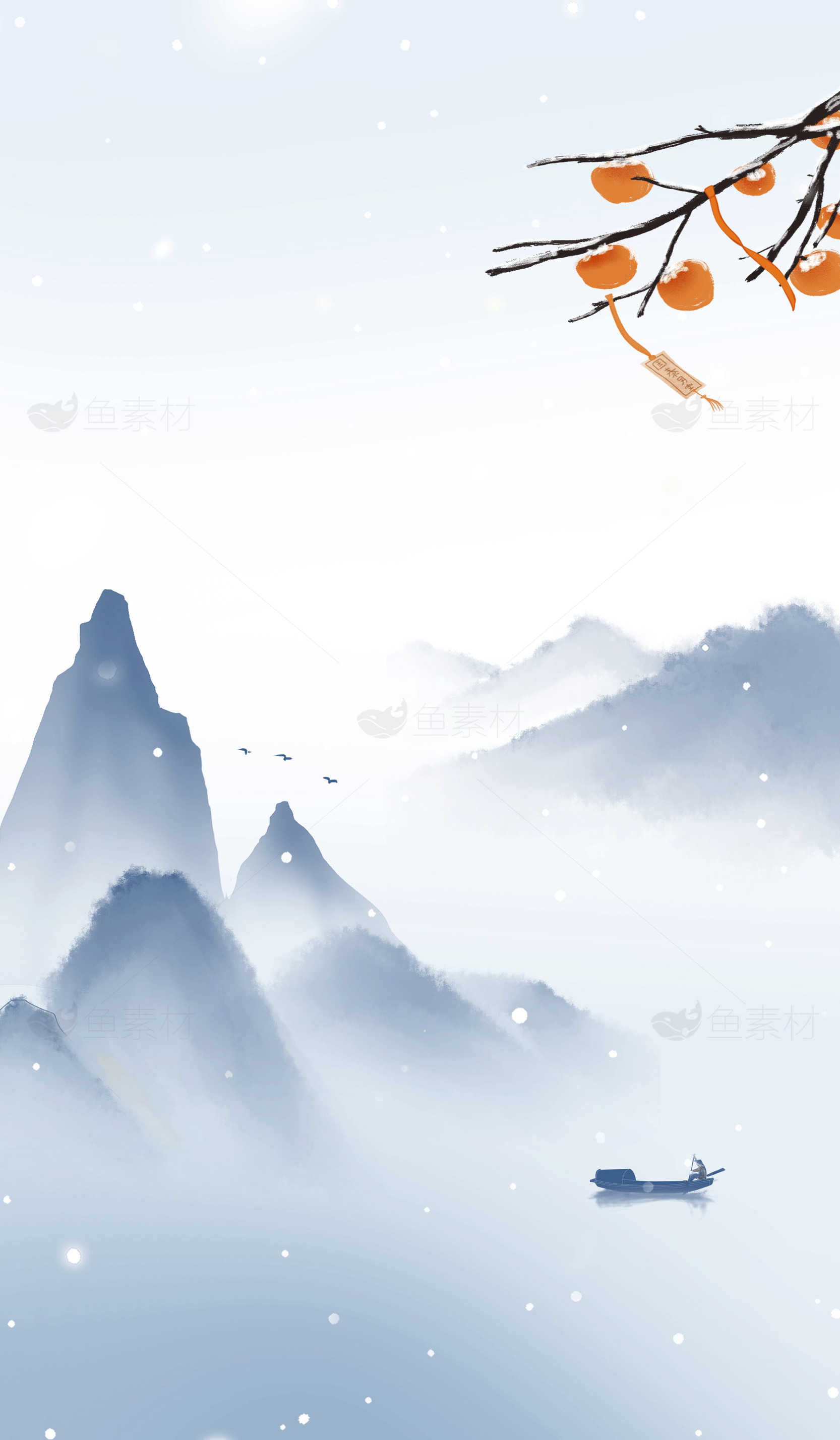 唯美山水画：宁静的冬日山景素材