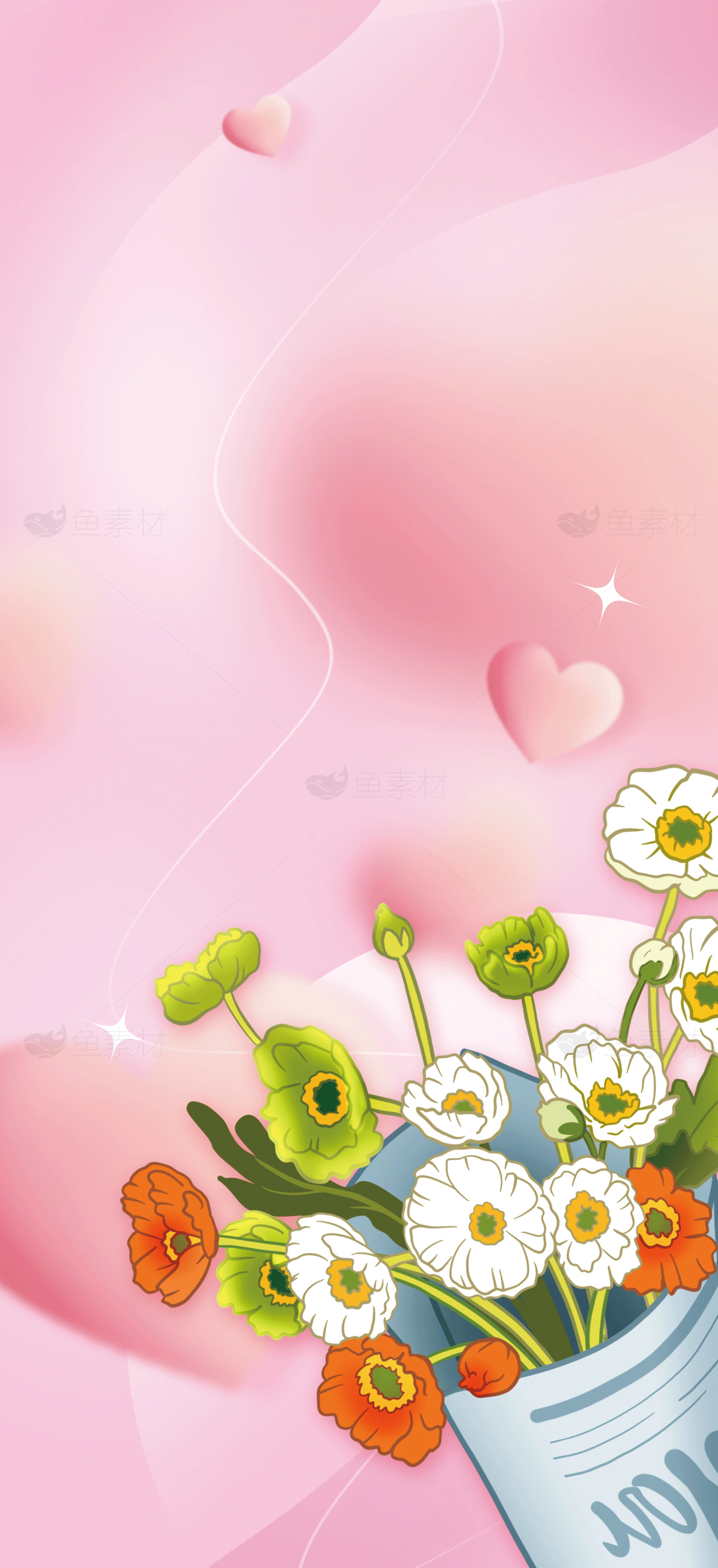 浪漫粉色背景与花束插画素材