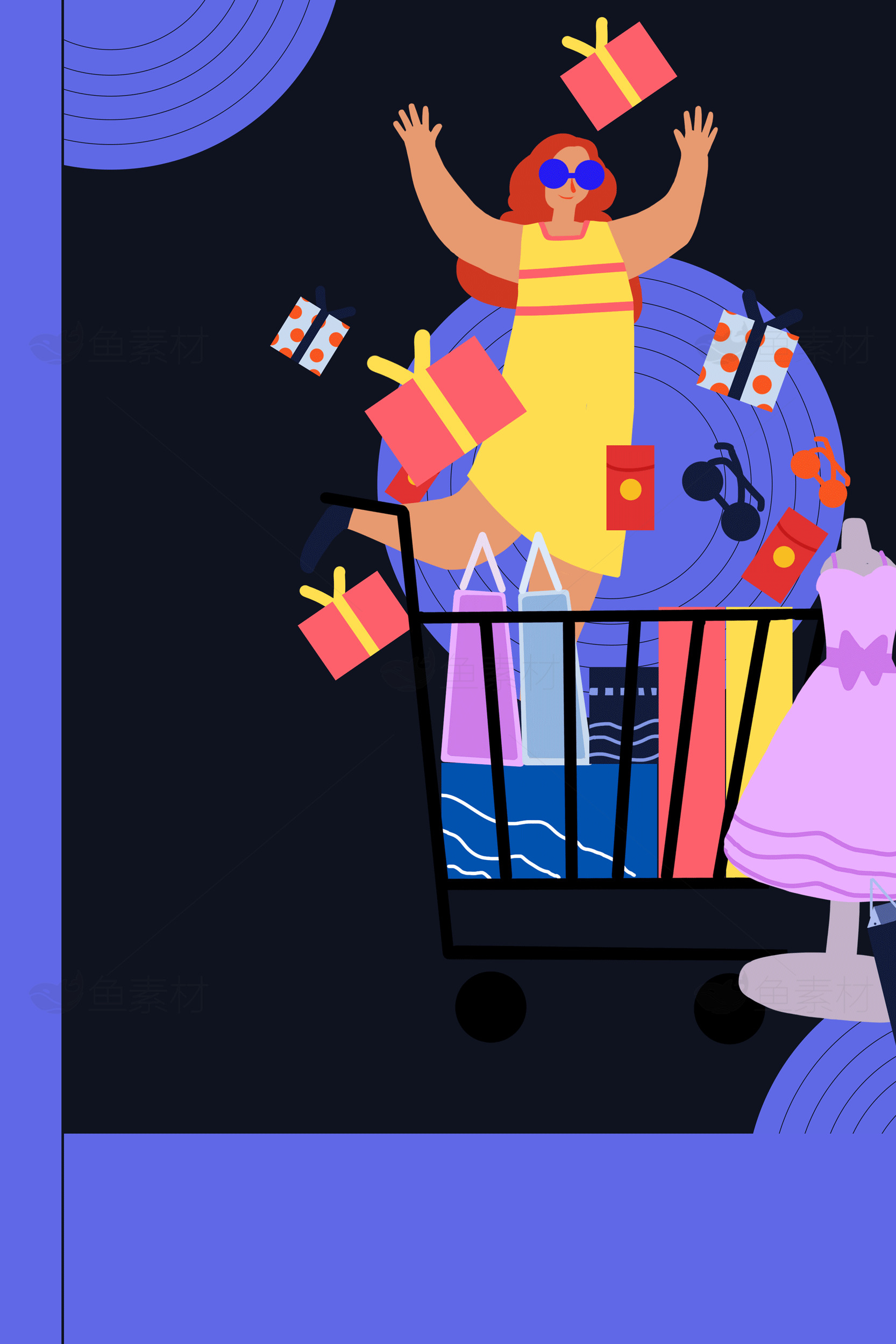 购物狂欢插画：享受购物乐趣的卡通人物素材