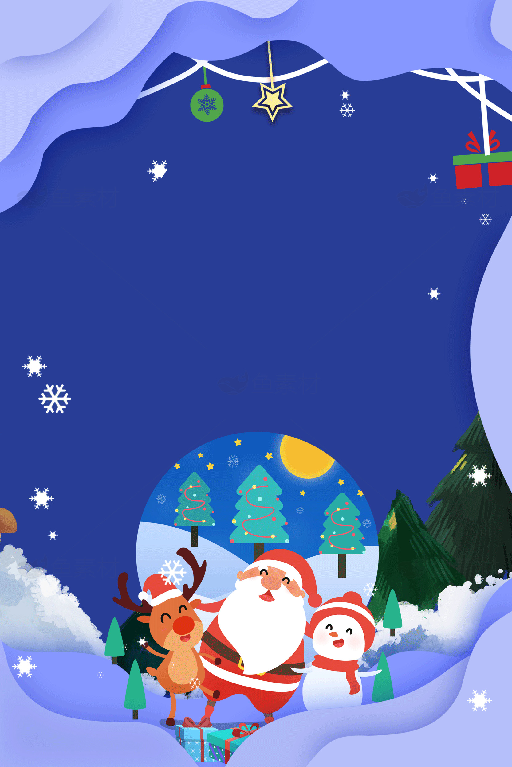 圣诞节快乐：圣诞老人、驯鹿和雪人庆祝节日的插画素材