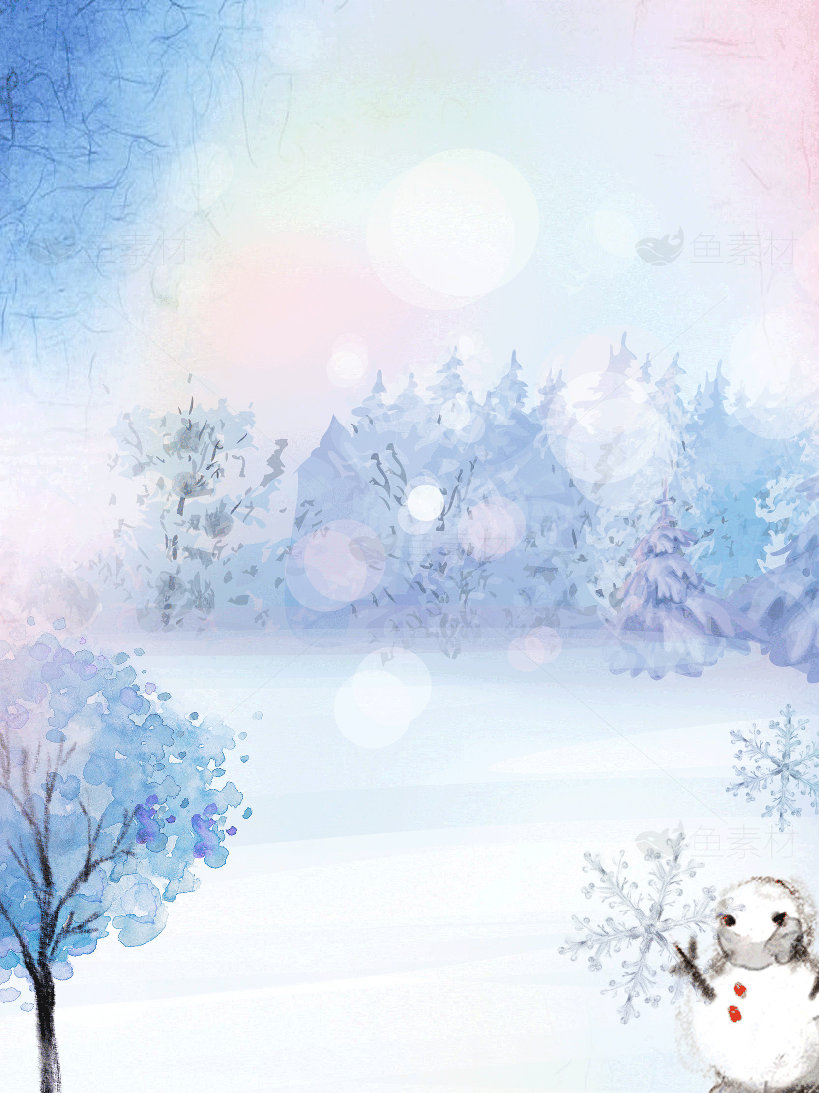 冬季雪景插画：梦幻森林与可爱雪人素材
