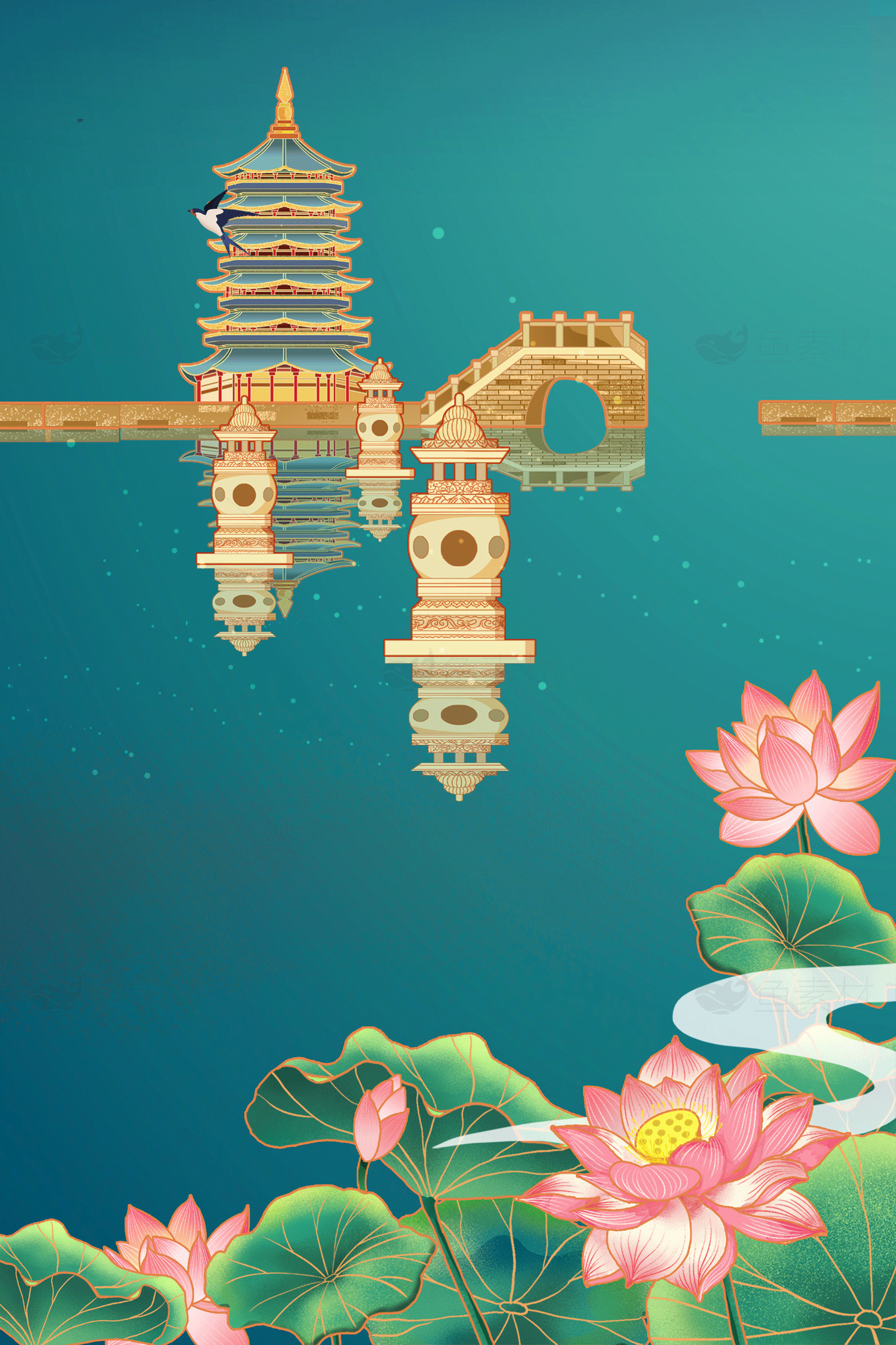 古风水墨画：湖中倒影与荷花素材