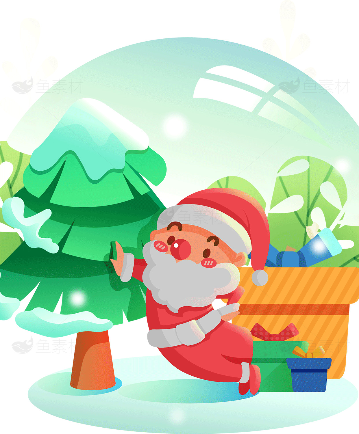 圣诞树与圣诞老人的节日主题插画素材