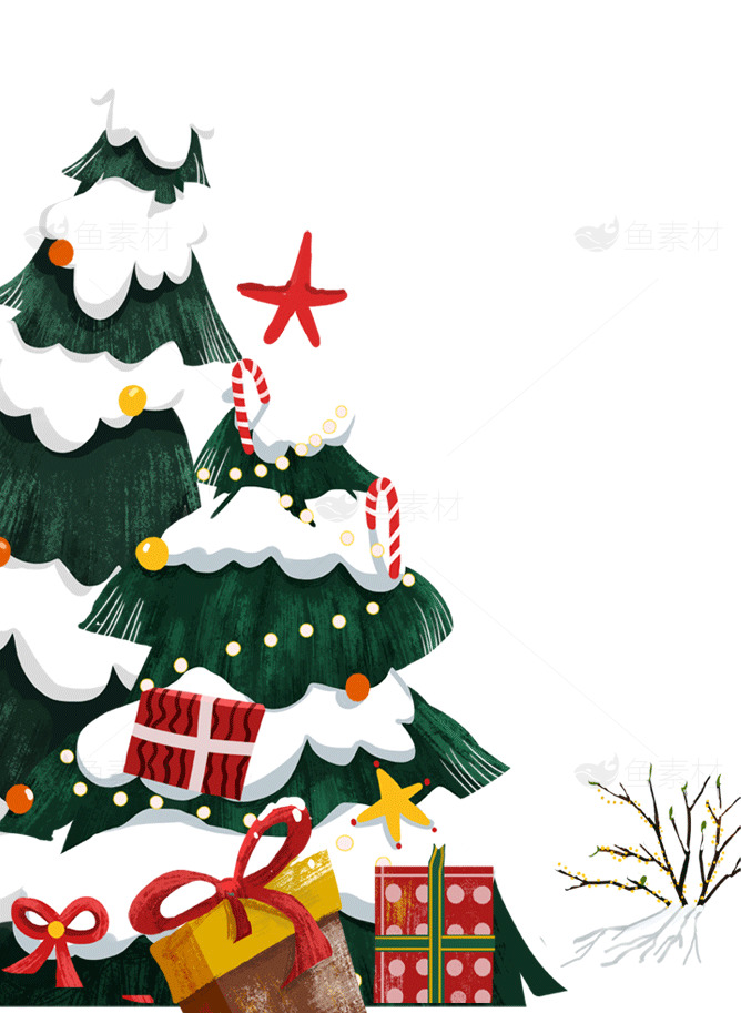 圣诞节装饰插画：雪松与礼物的节日氛围素材