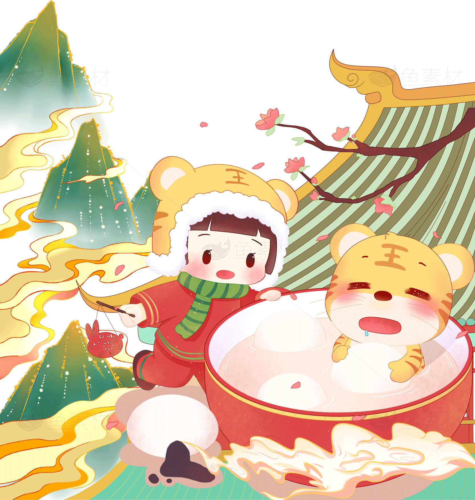 可爱冬季插画：小孩与老虎在雪地玩耍素材