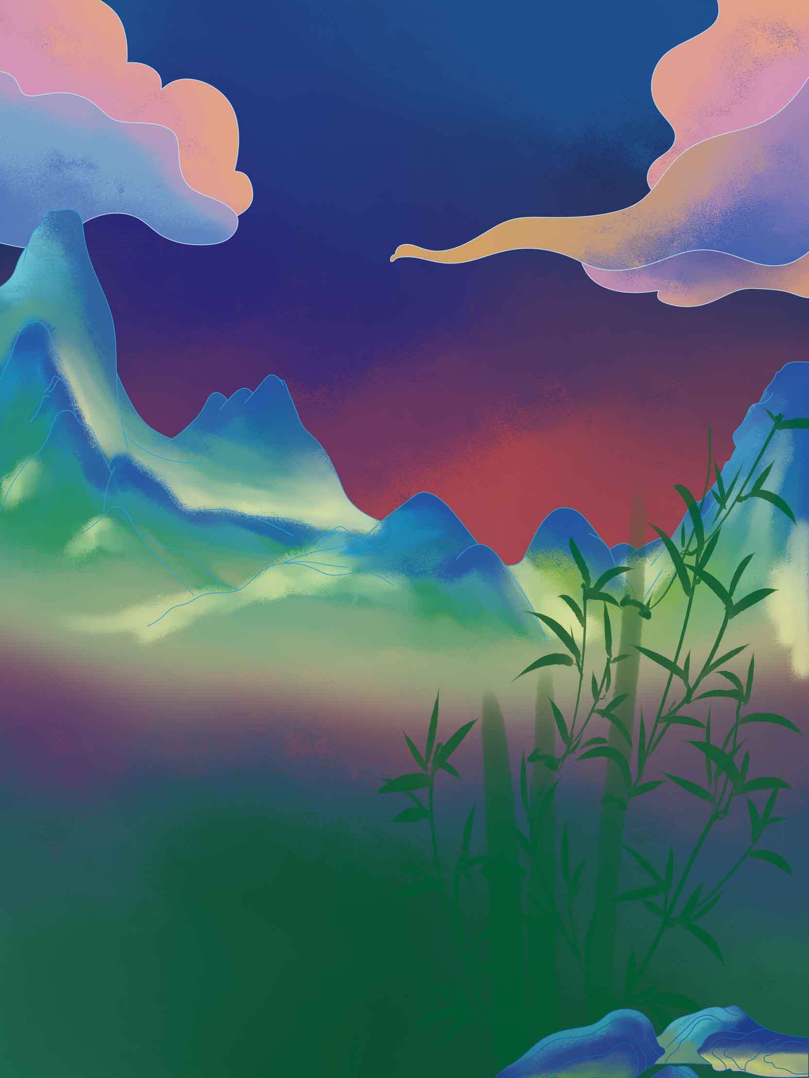 梦幻山水风景插画：自然与艺术的完美结合素材