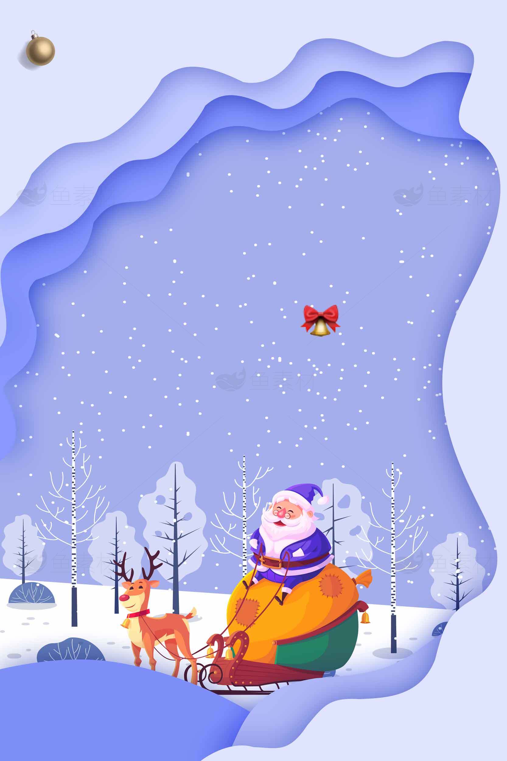 圣诞老人雪橇与驯鹿的冬季插画素材