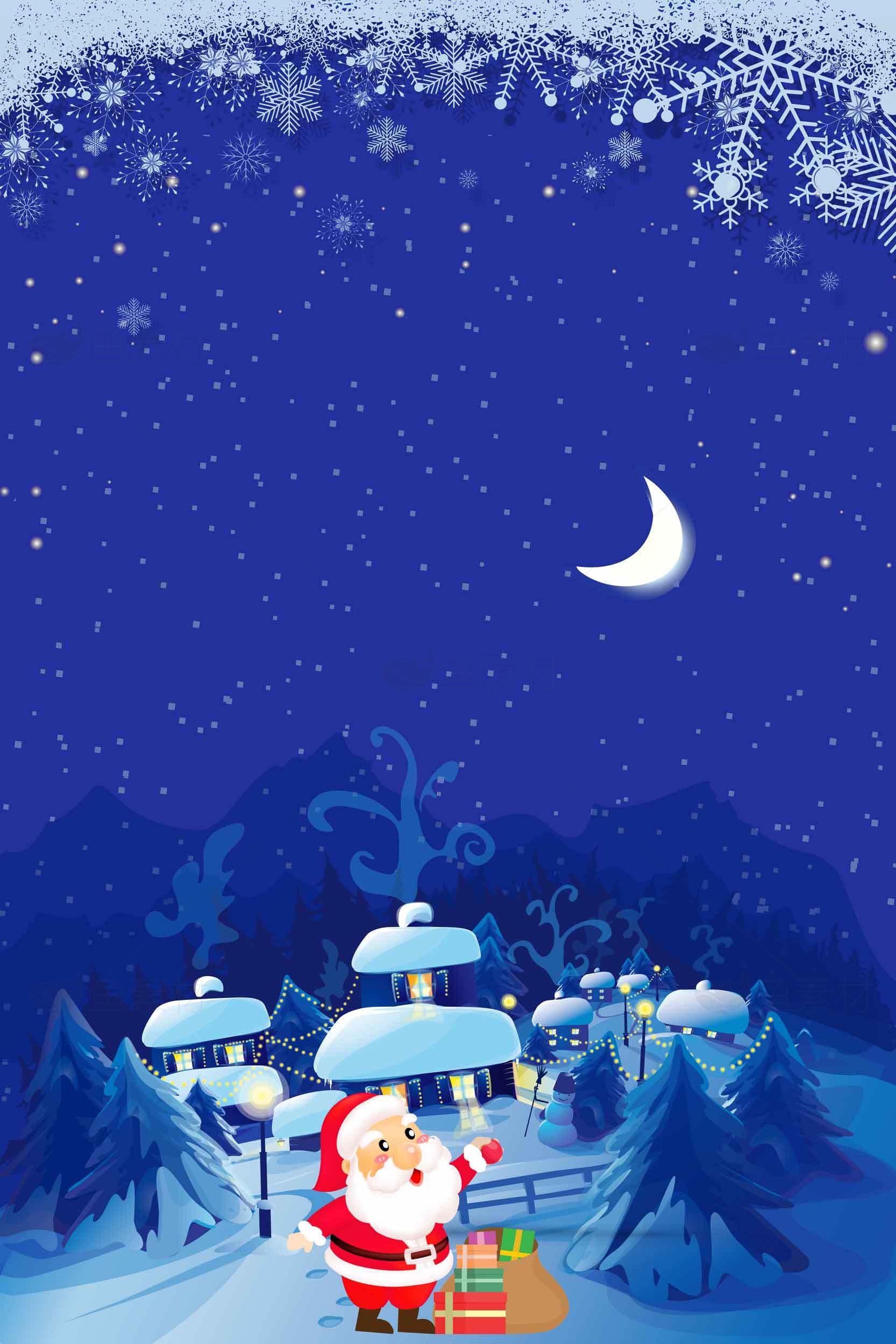 圣诞夜雪景插画：圣诞老人送礼物的童话世界素材