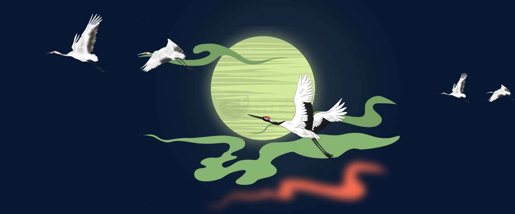 中秋夜鹤舞月圆唯美意境插画素材