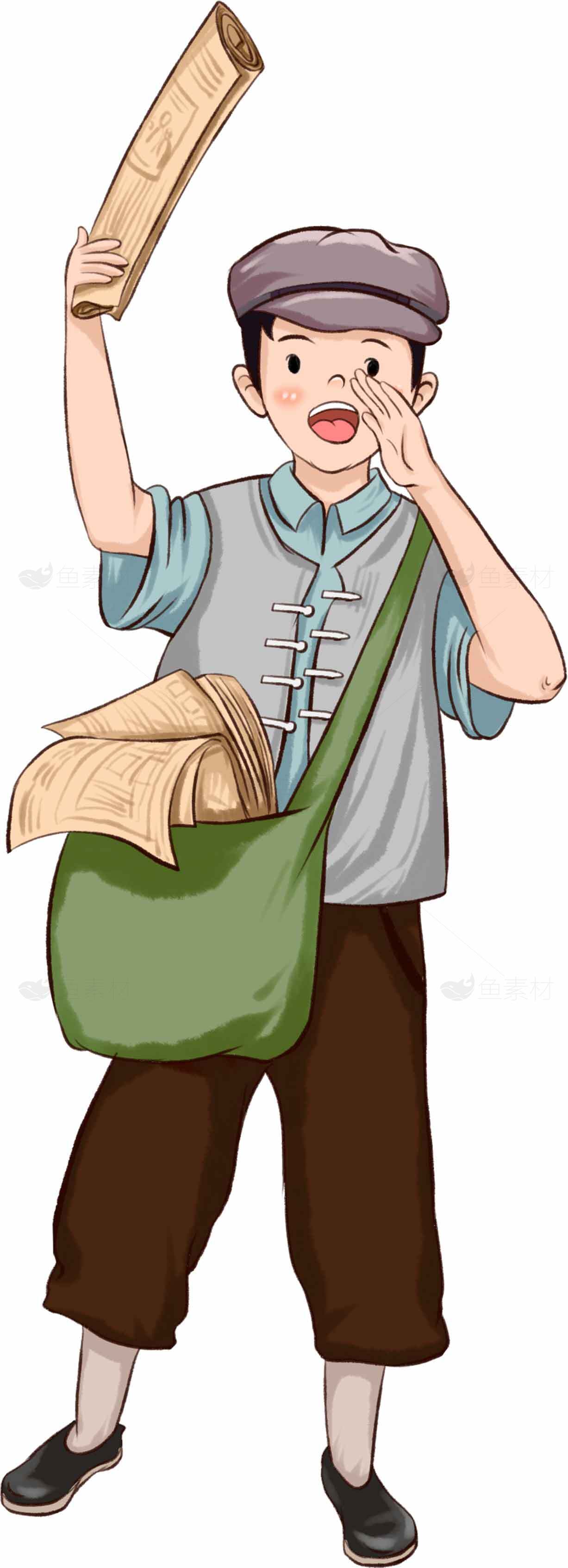 传统报童卡通形象插画素材