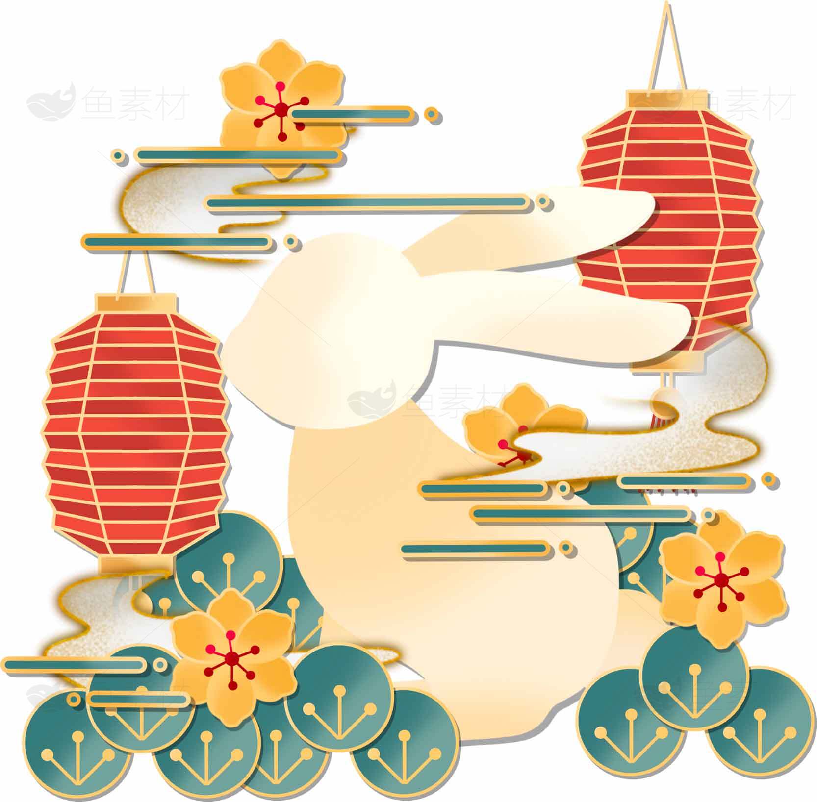 中秋节兔子与灯笼插画设计素材