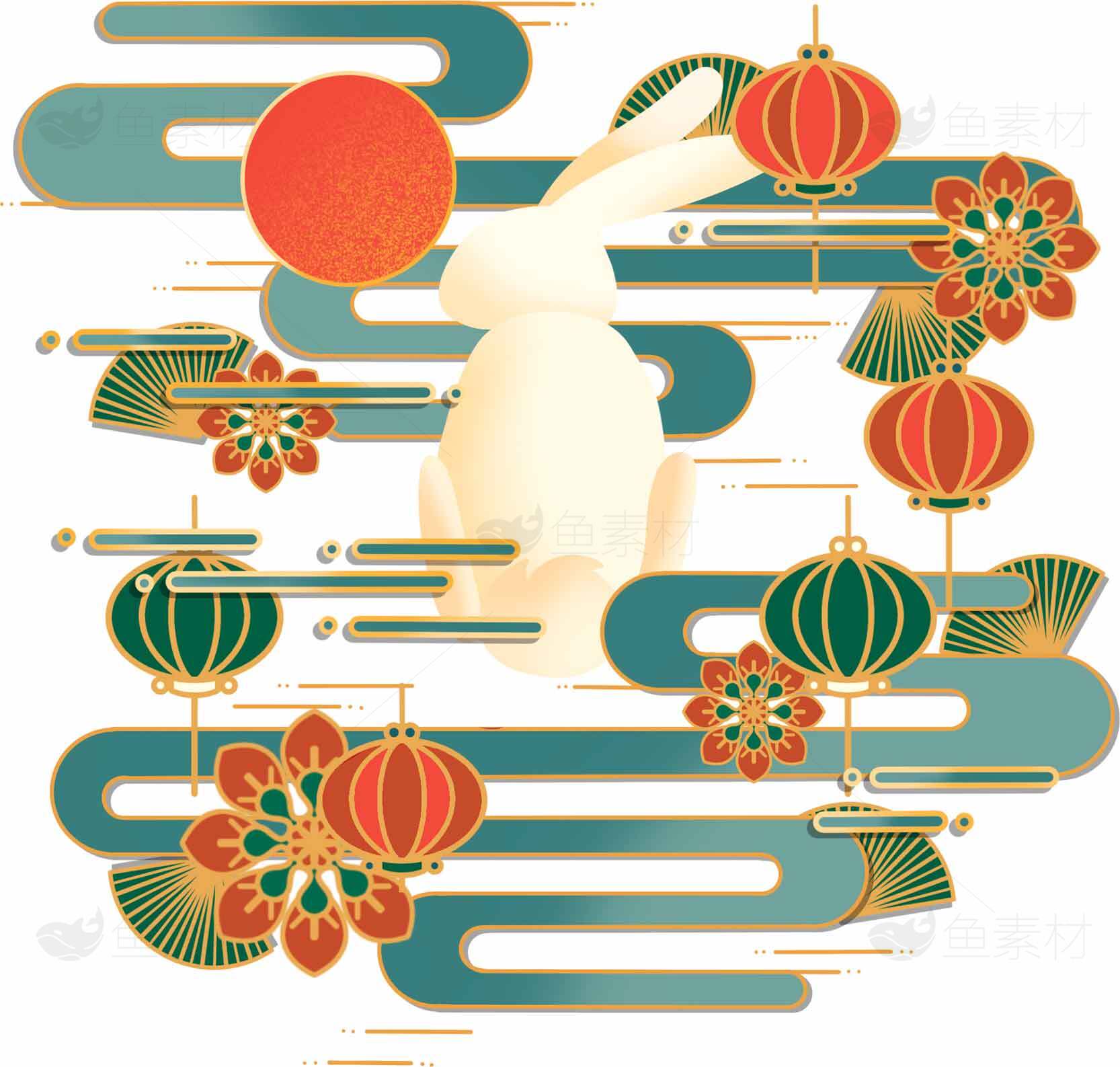 中秋节兔子与灯笼主题插画设计素材