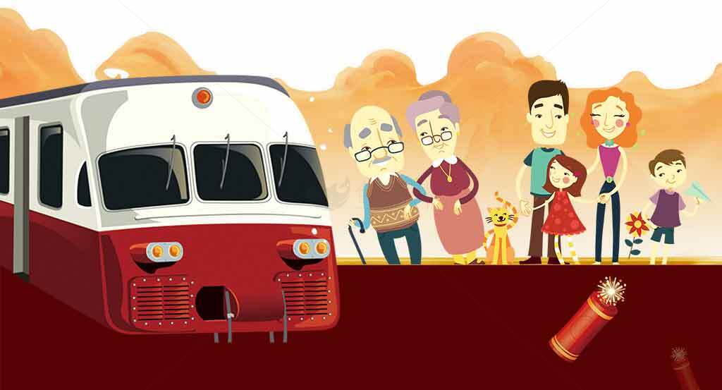 家庭与火车的温馨插画场景素材