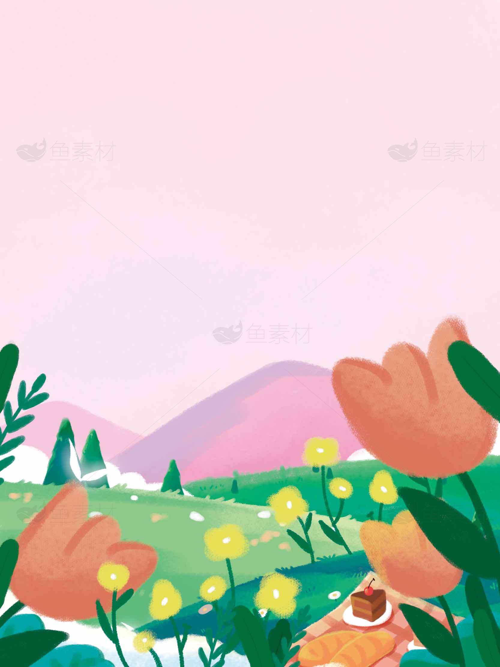 春日田园风光插画背景图片素材