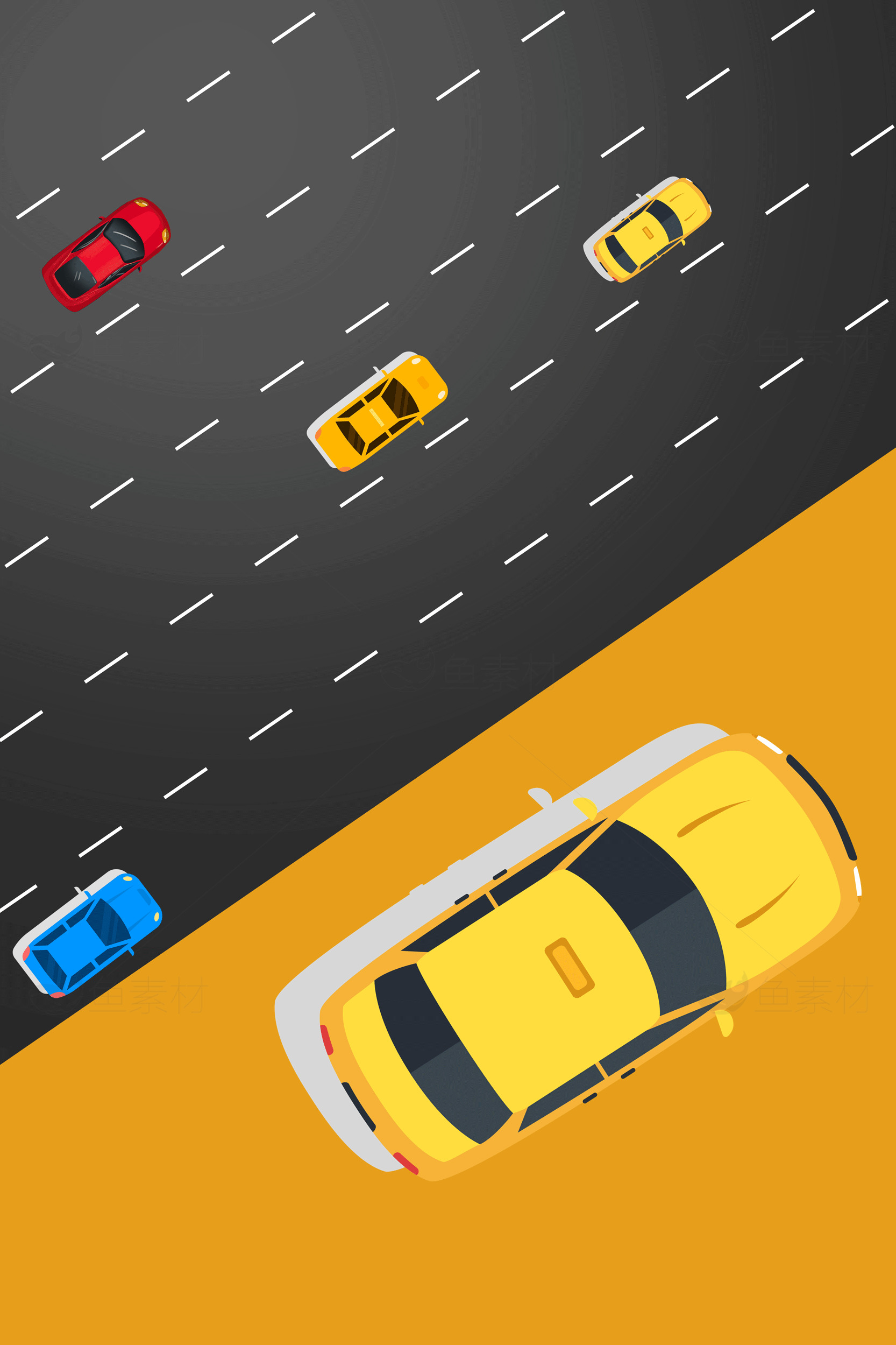 高速公路俯视图：多彩车辆与黄色主色调设计素材