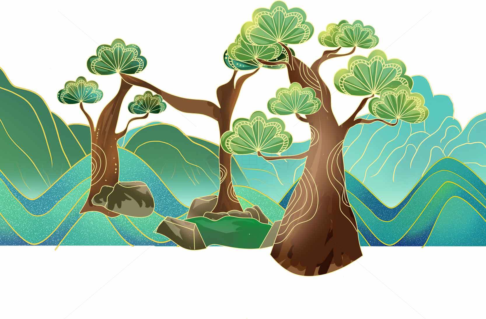 山水风景插画：自然与树木的和谐美素材