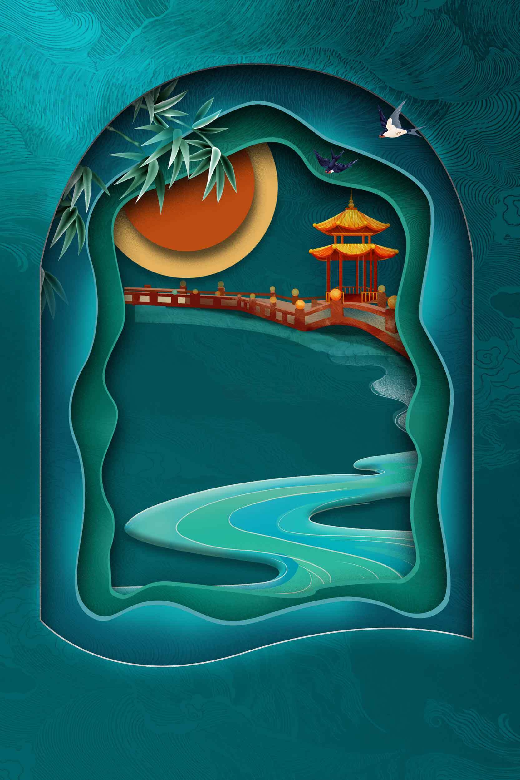 中国风剪纸艺术风景图片素材