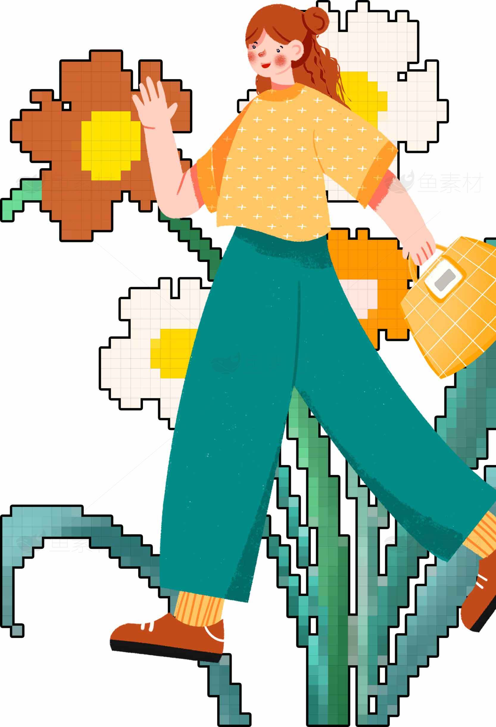 像素风格花卉与时尚人物插画设计素材