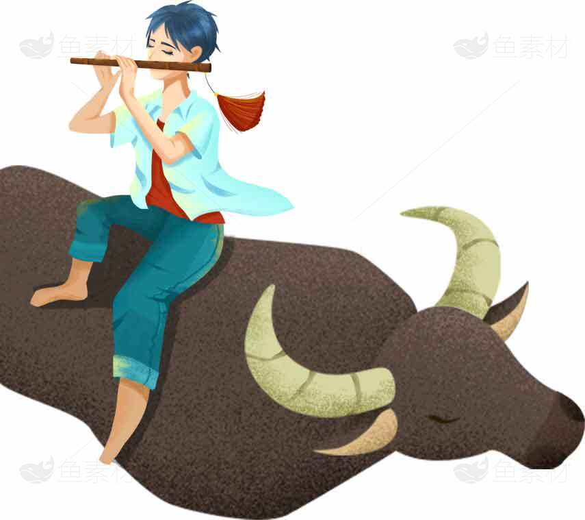 牧童吹笛骑牛插画乡村田园风光素材