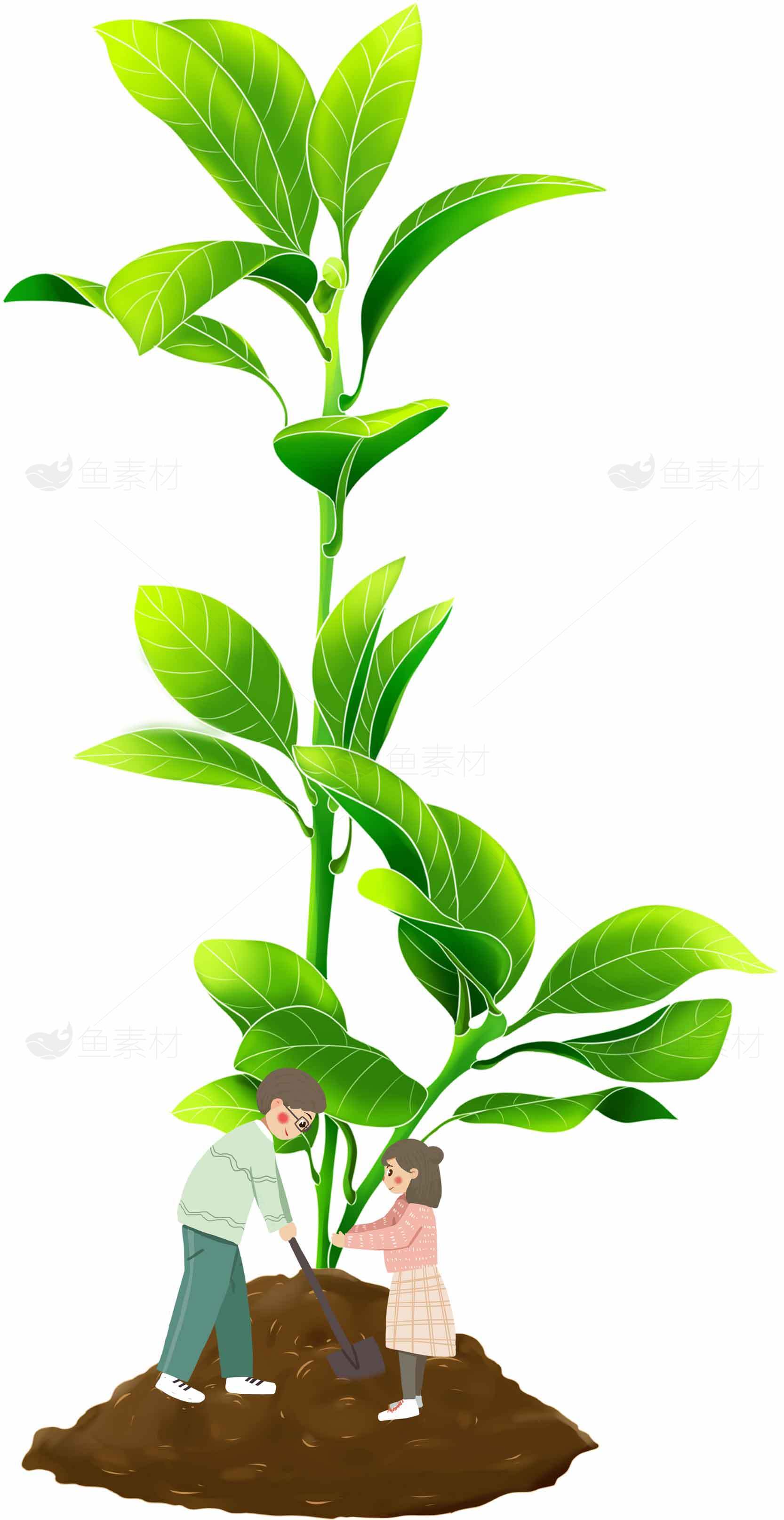 亲子植树活动插画：绿色环保与自然教育素材