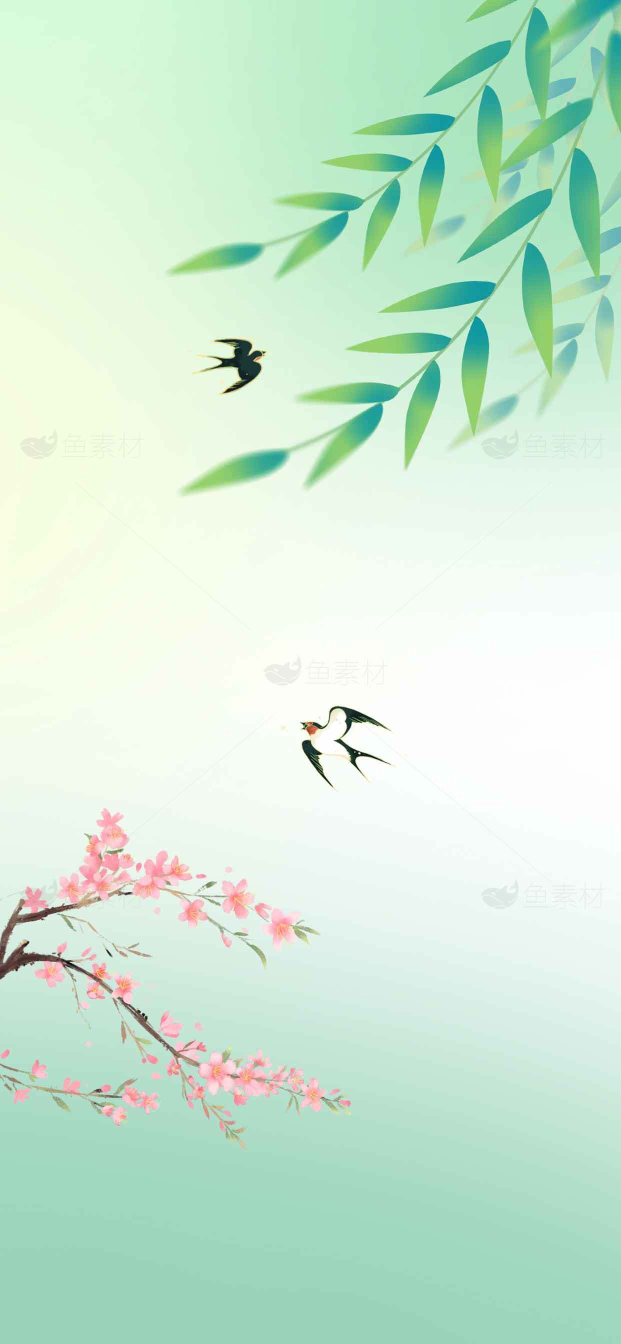 春日唯美插画：燕子与樱花树背景素材