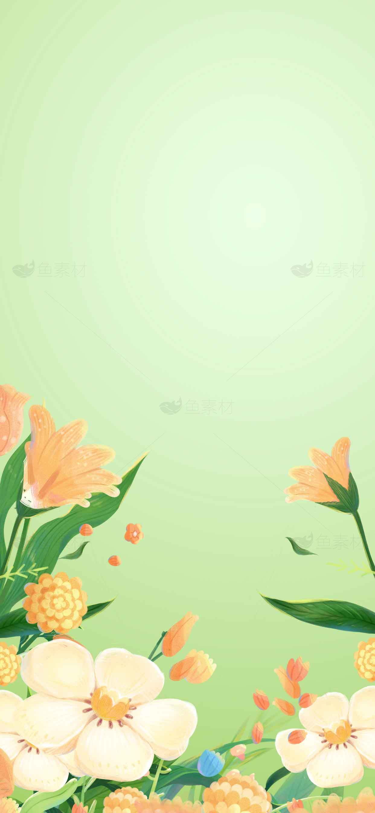 清新绿色背景与唯美花卉插画设计素材
