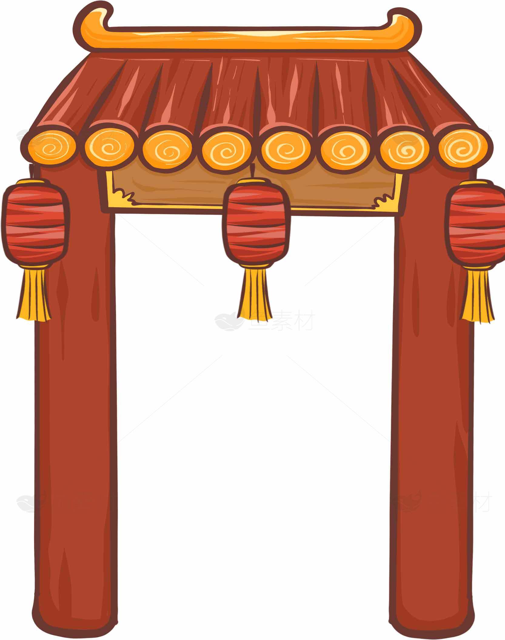 中国传统红色门楼插画设计素材