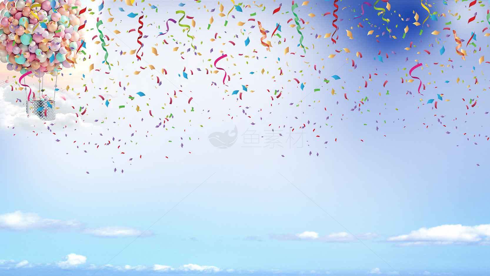 蓝天白云下的庆典气球与彩带飞舞素材