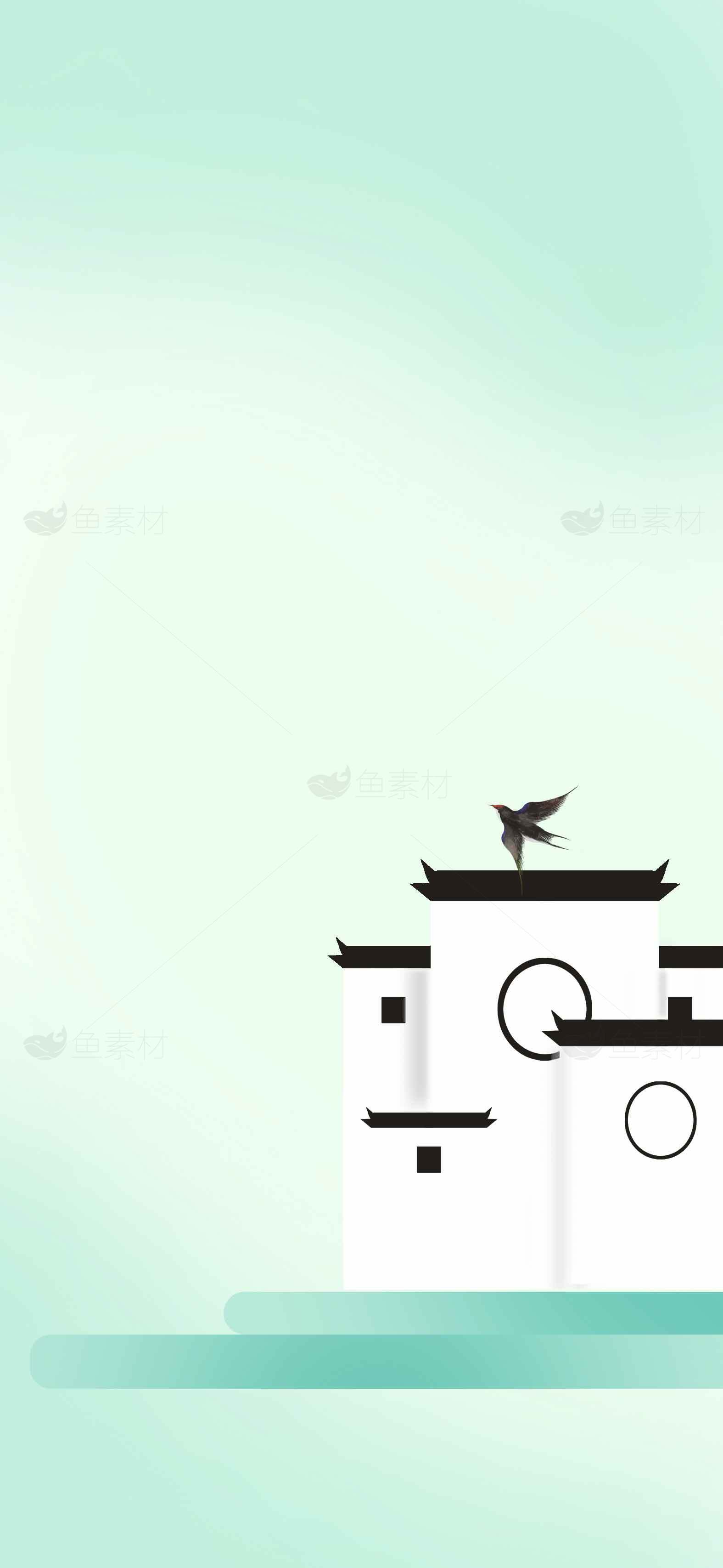 中国水墨风格徽派建筑与飞鸟背景图片素材