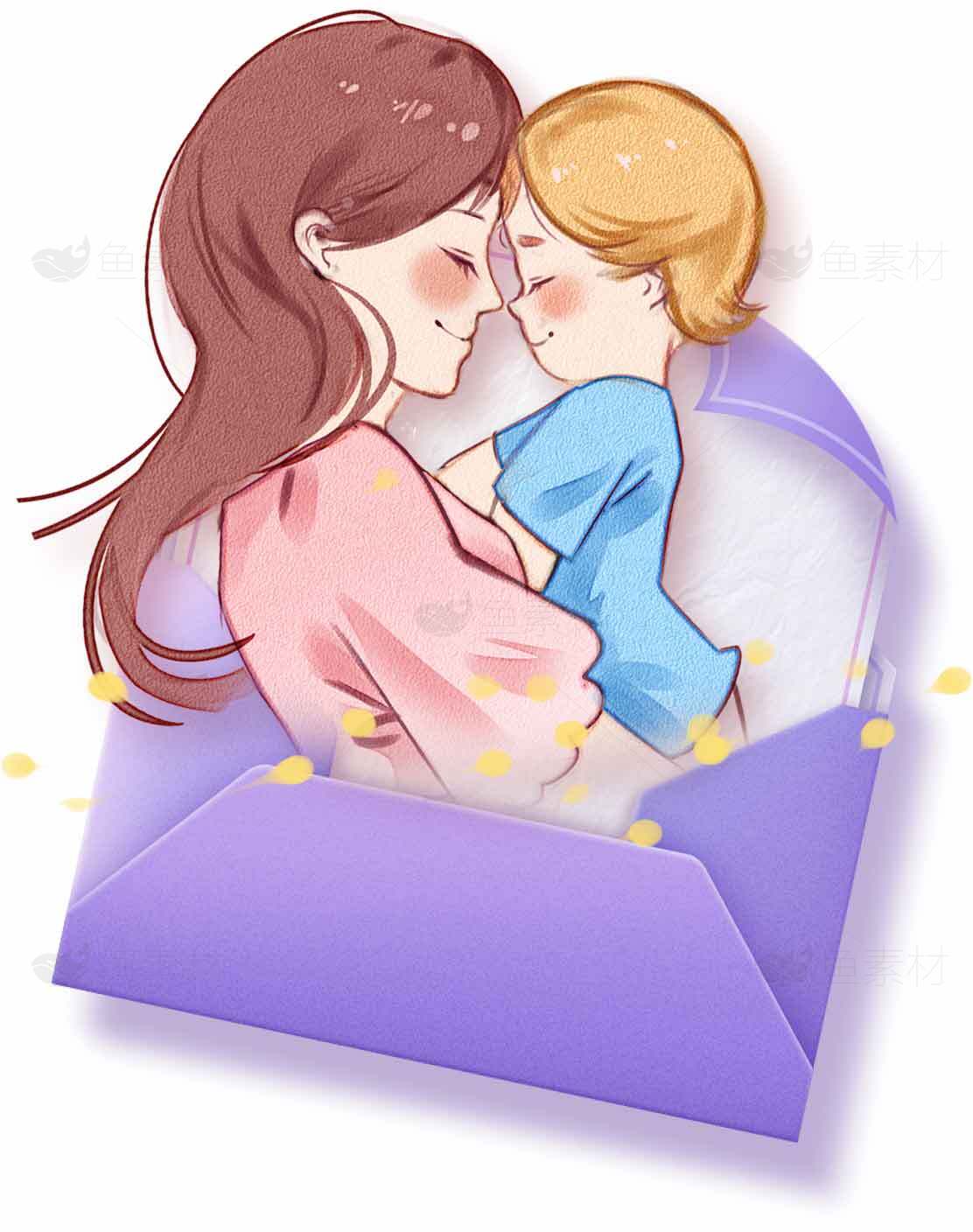 母爱温馨插画：母亲与孩子的拥抱素材