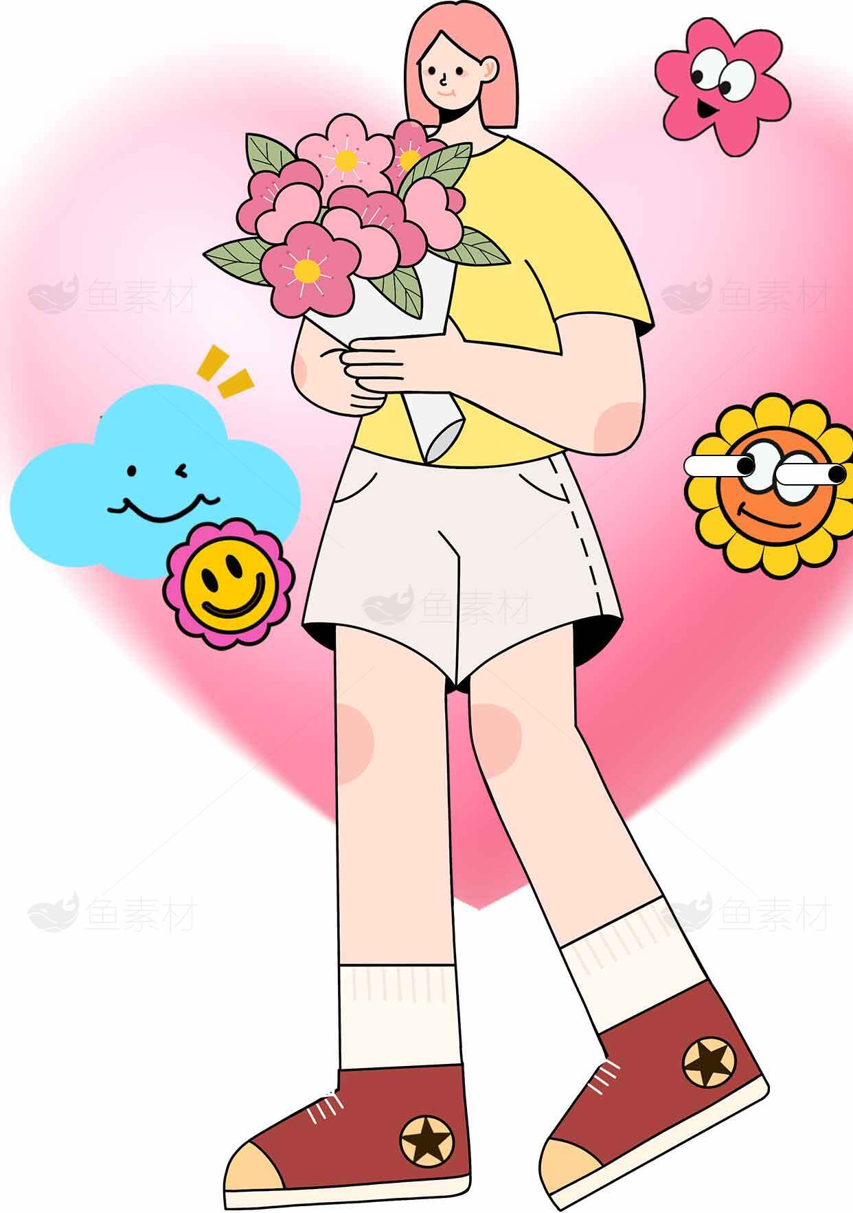 卡通风格女孩与花束插画设计素材
