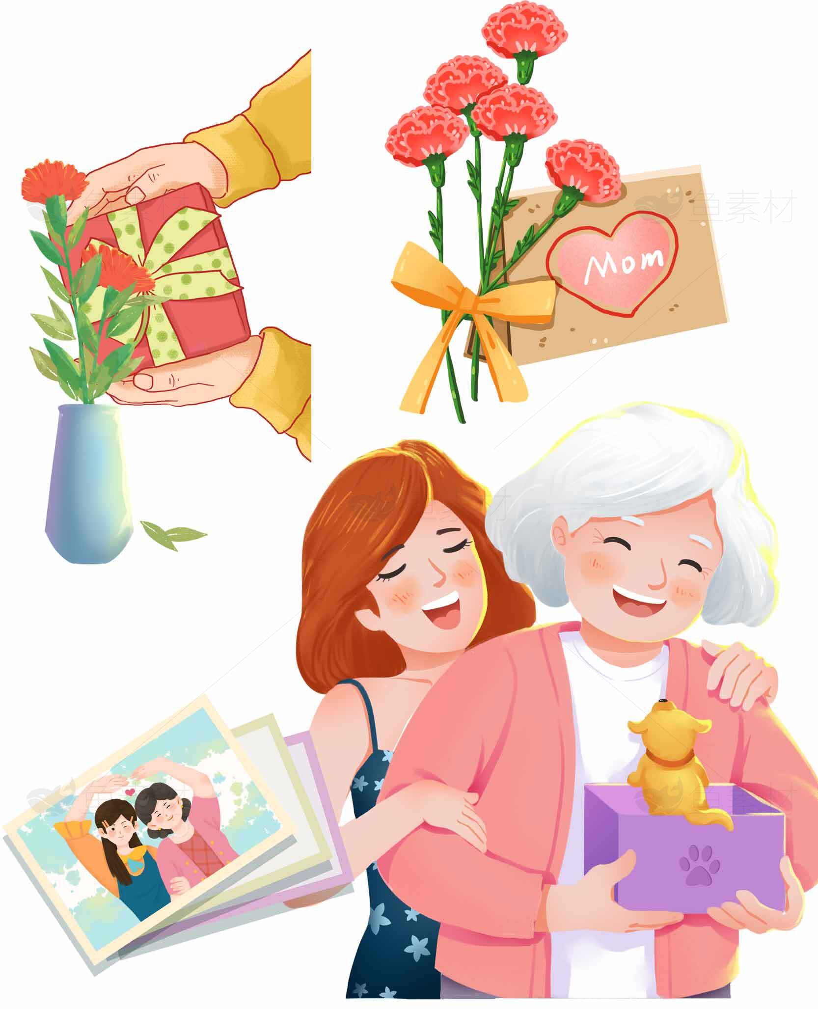 母亲节礼物与康乃馨插画设计素材