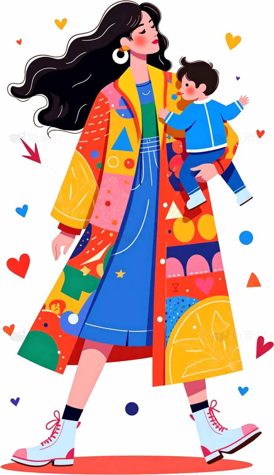 时尚插画：多彩母子温馨场景素材